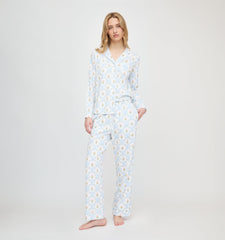 Roller Rabbit x Hill House Long Sleeve Polo Pajamas - Blue Floral Monkey Trellis