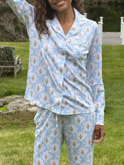 Roller Rabbit x Hill House Long Sleeve Polo Pajamas - Blue Floral Monkey Trellis