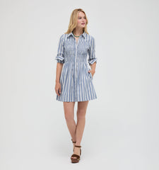 The Mira Dress - Coln Ticking Stripe Dusty Blue