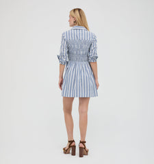 The Mira Dress - Coln Ticking Stripe Dusty Blue