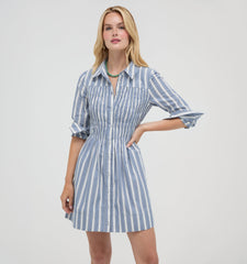 The Mira Dress - Coln Ticking Stripe Dusty Blue