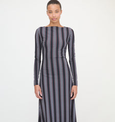 The Selene Dress - Black Cobalt Medallion Stripe