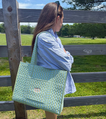 The Quilted Tote Bag - Blue/Green Stripe