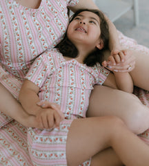The Baby Lou Pointelle PJ Set - Floral Dot Stripe Pink