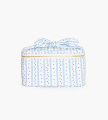 The Bow Top Quilted Cosmetic Bag - Blue Petal Stripe
