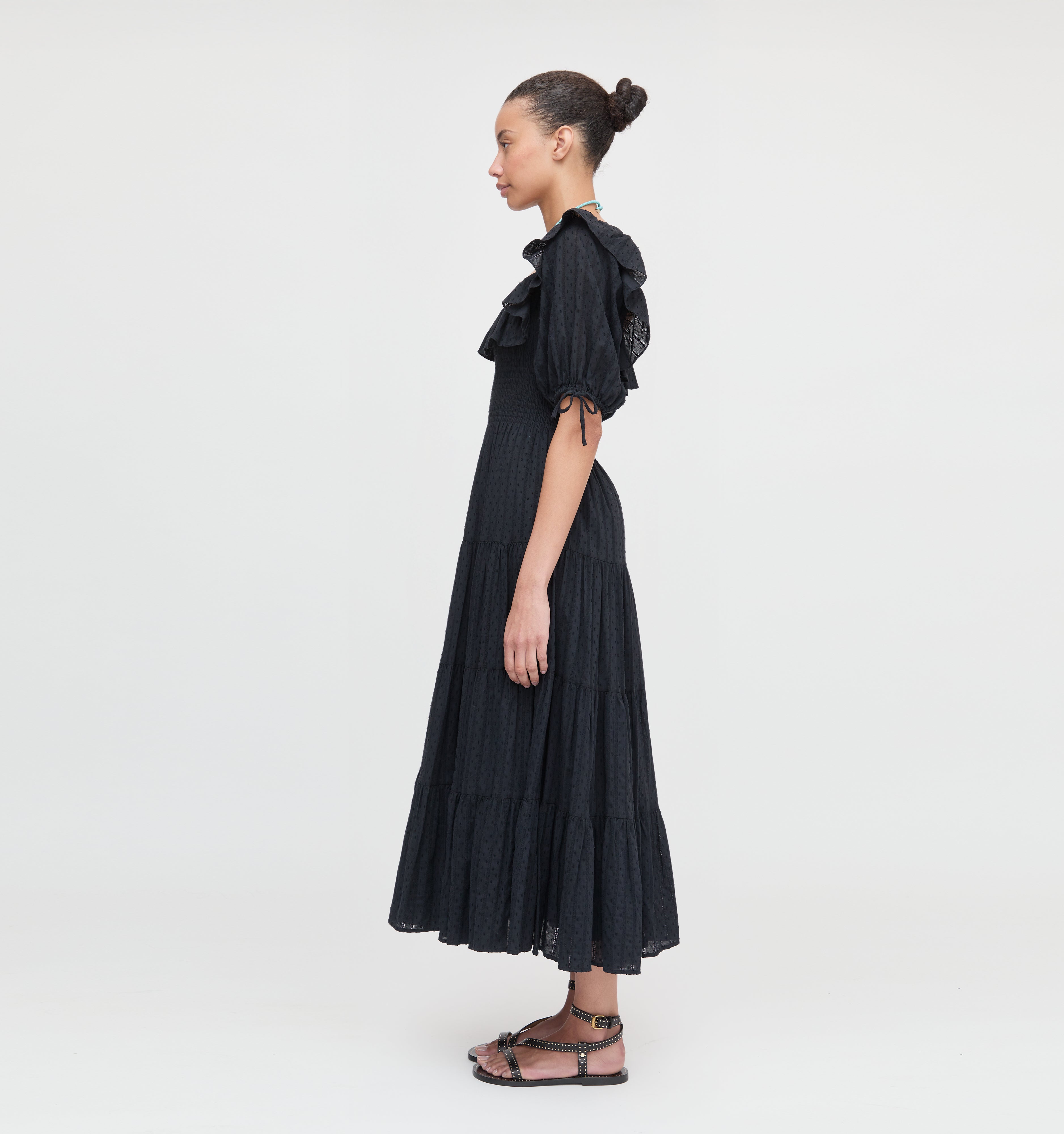 The Corinne Nap Dress - Black Linear Swiss Dot