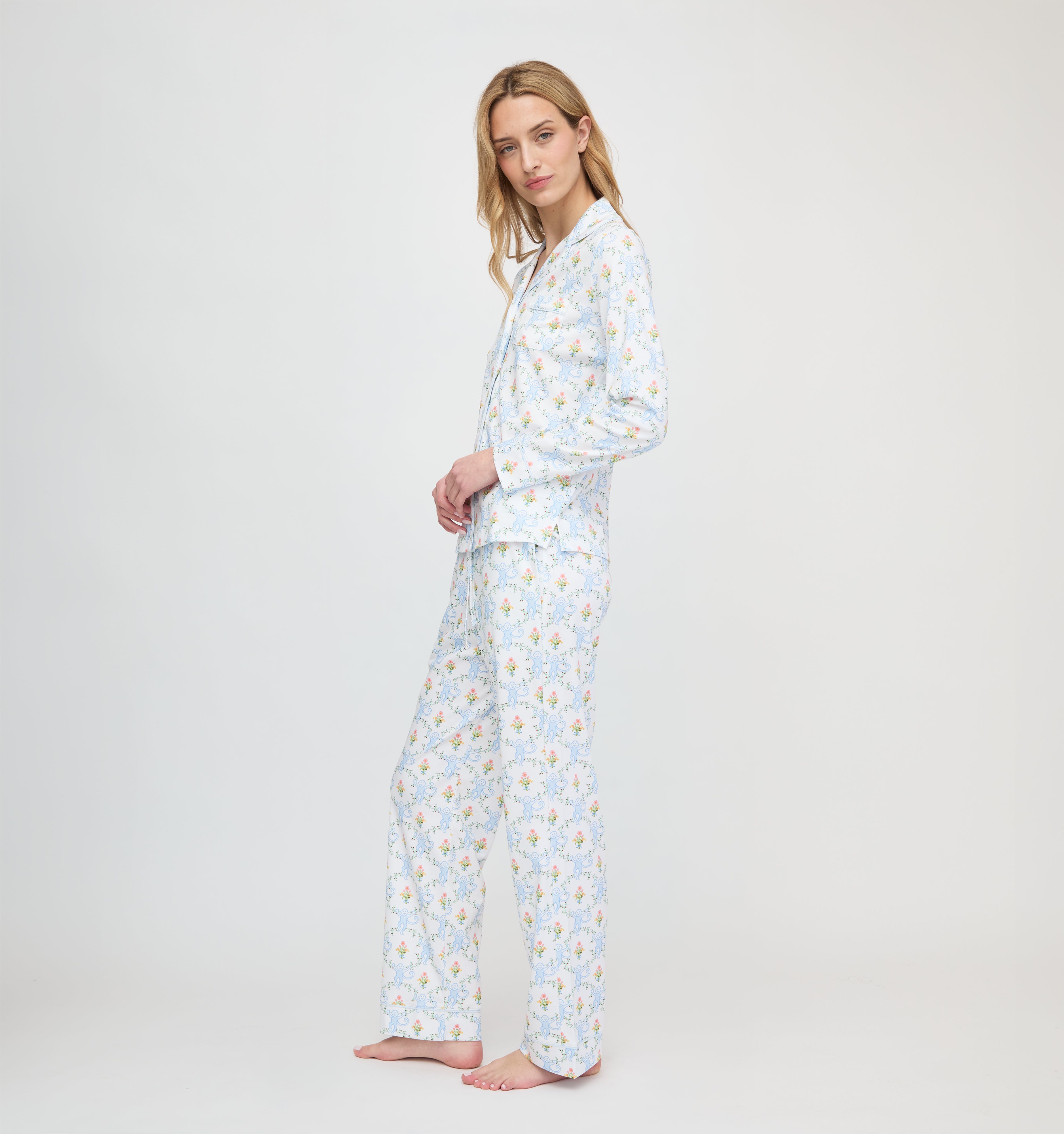 Roller Rabbit x Hill House Long Sleeve Polo Pajamas - Blue Floral Monkey Trellis