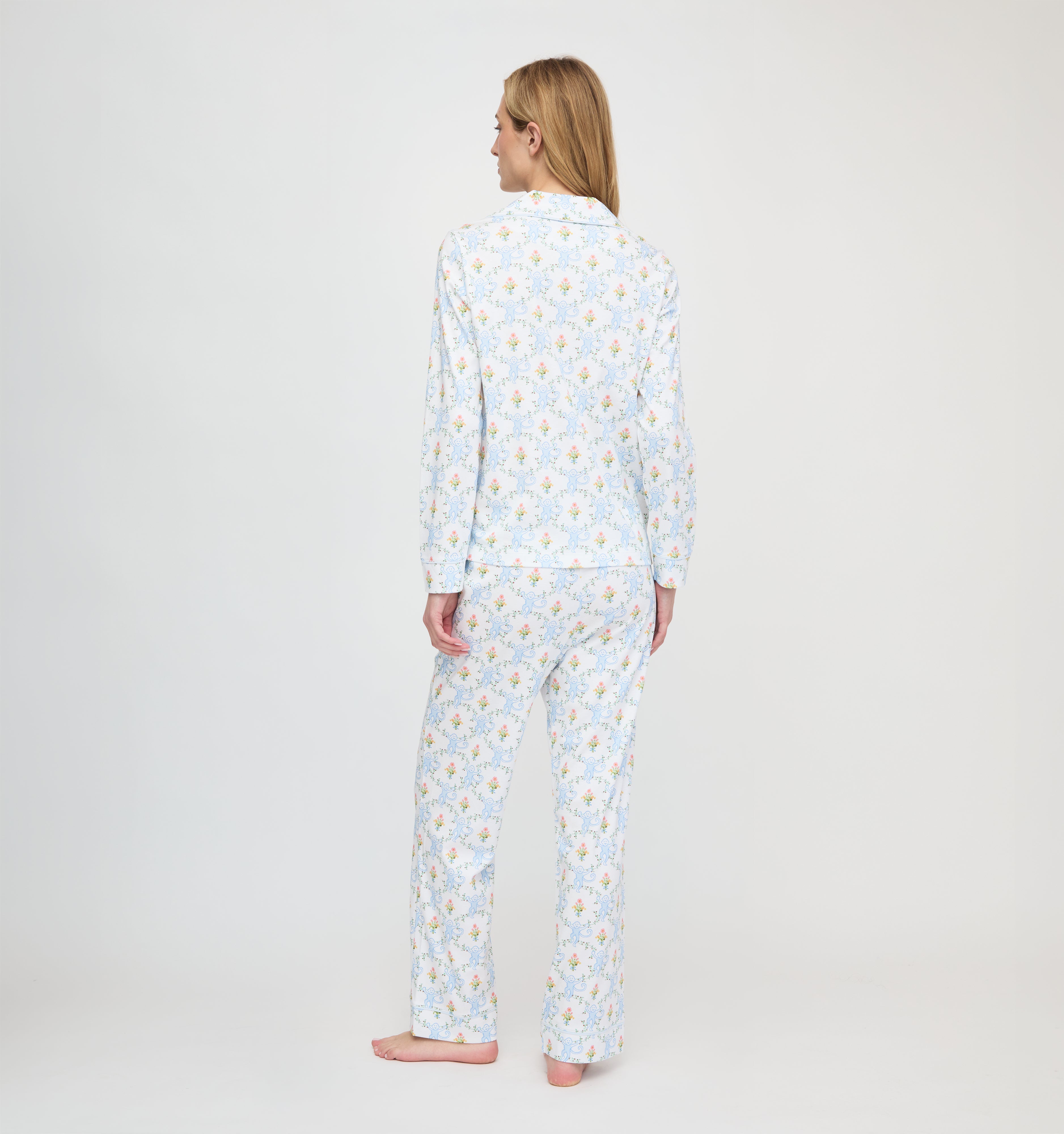 Roller Rabbit x Hill House Long Sleeve Polo Pajamas - Blue Floral Monkey Trellis
