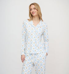 Roller Rabbit x Hill House Long Sleeve Polo Pajamas - Blue Floral Monkey Trellis
