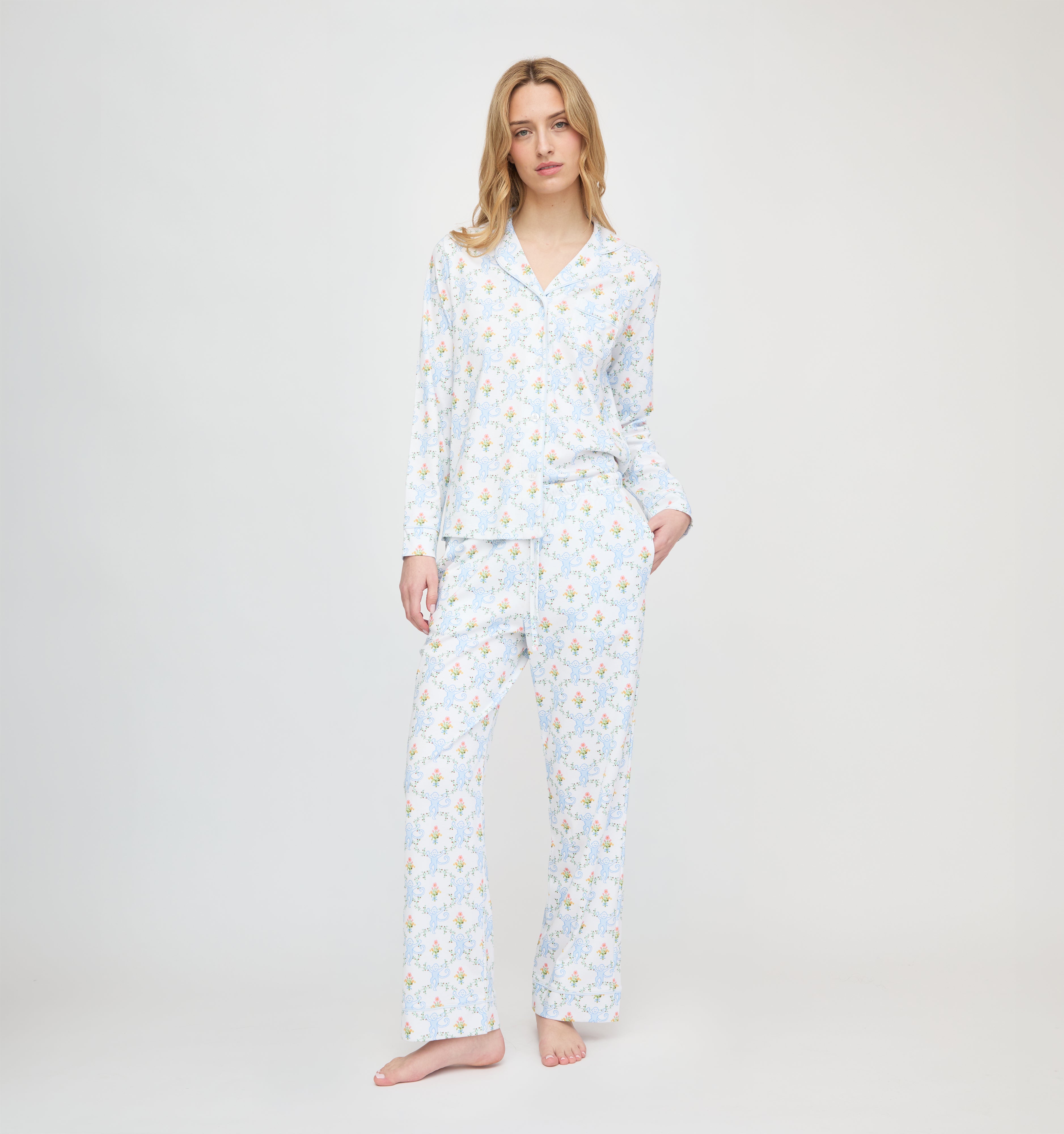 Roller Rabbit x Hill House Long Sleeve Polo Pajamas - Blue Floral Monkey Trellis