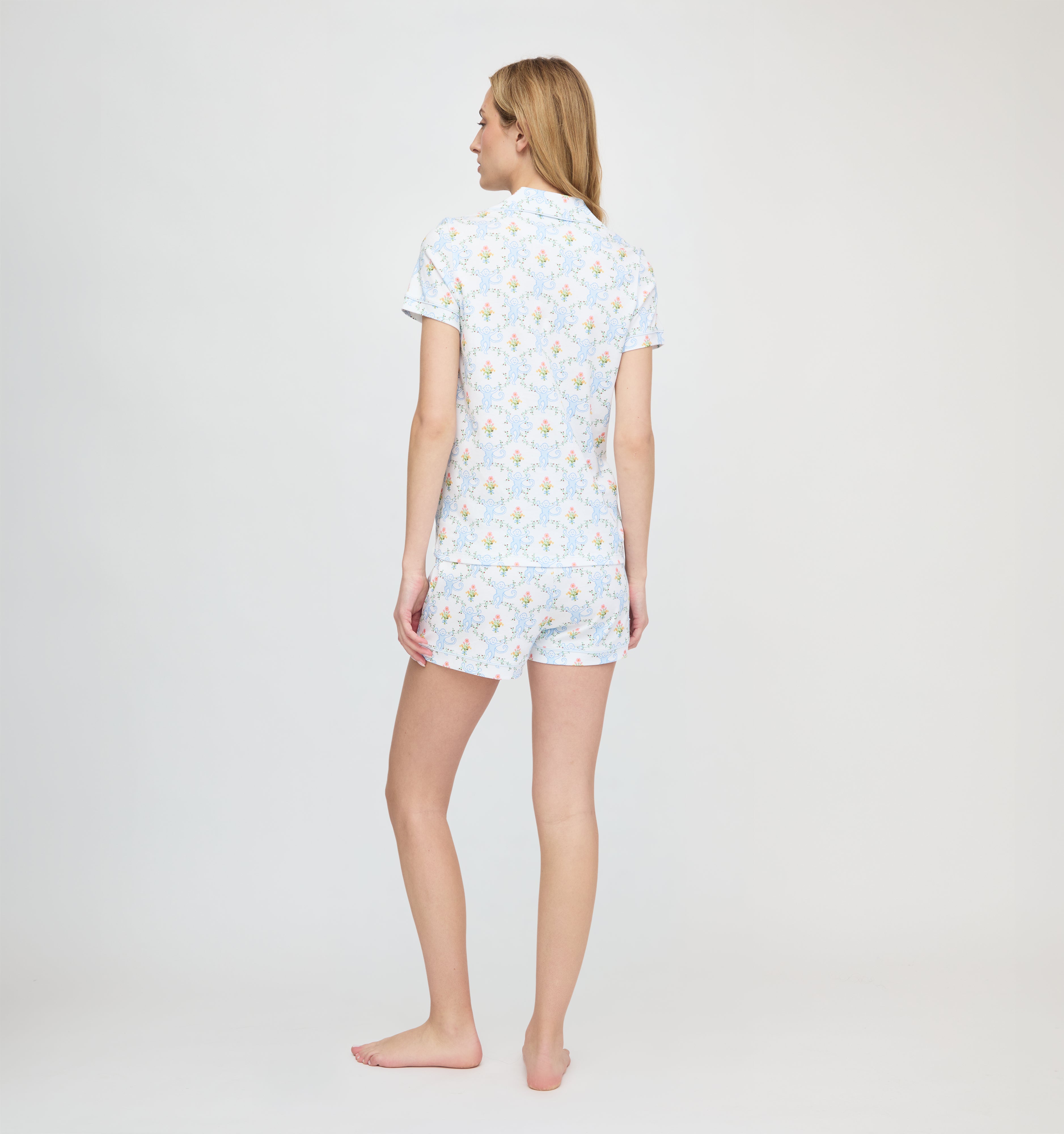 Roller Rabbit x Hill House Polo Pajamas - Blue Floral Monkey Trellis