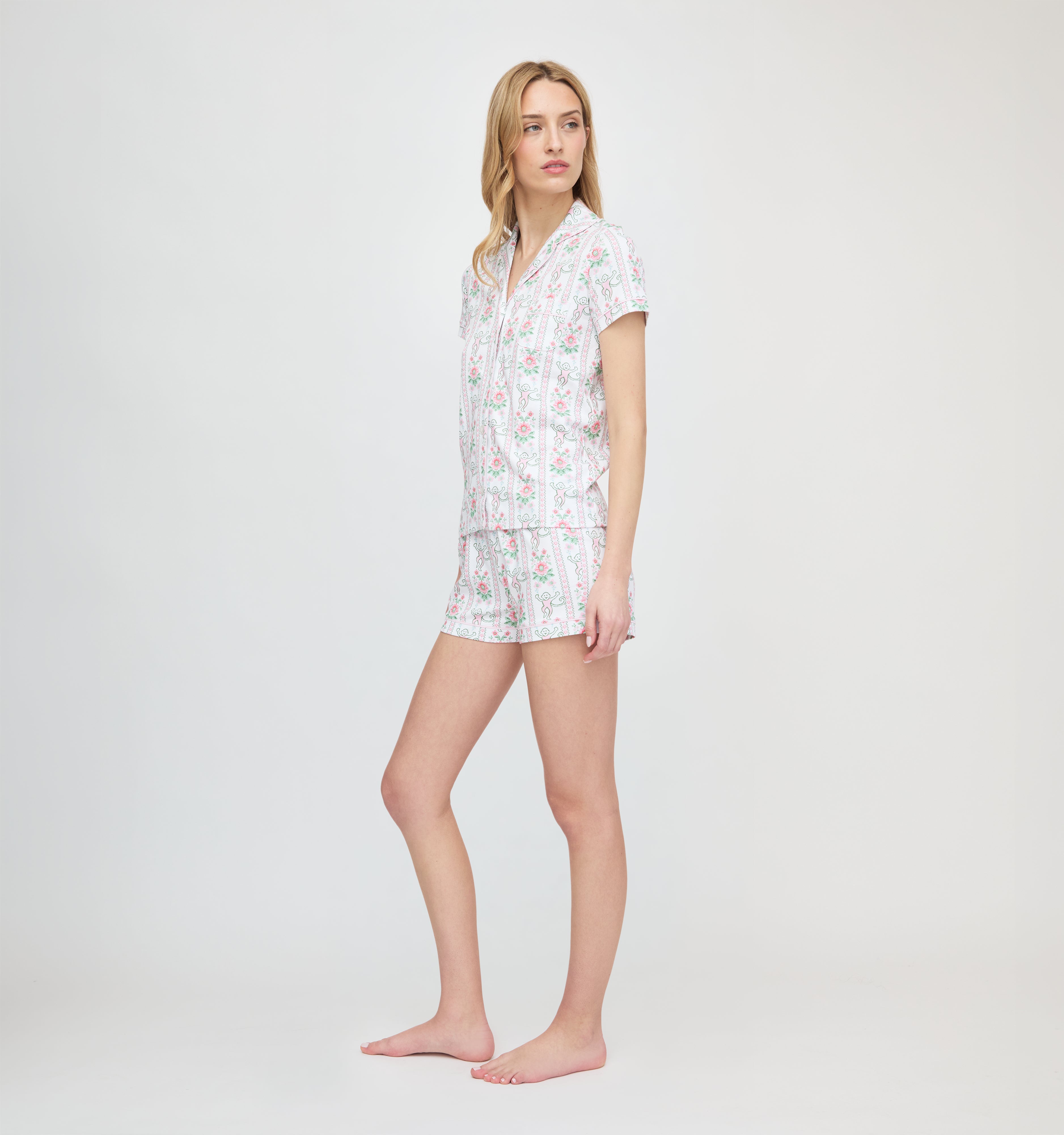 Roller Rabbit x Hill House Polo Pajamas - Pink Monkey Block Stripe