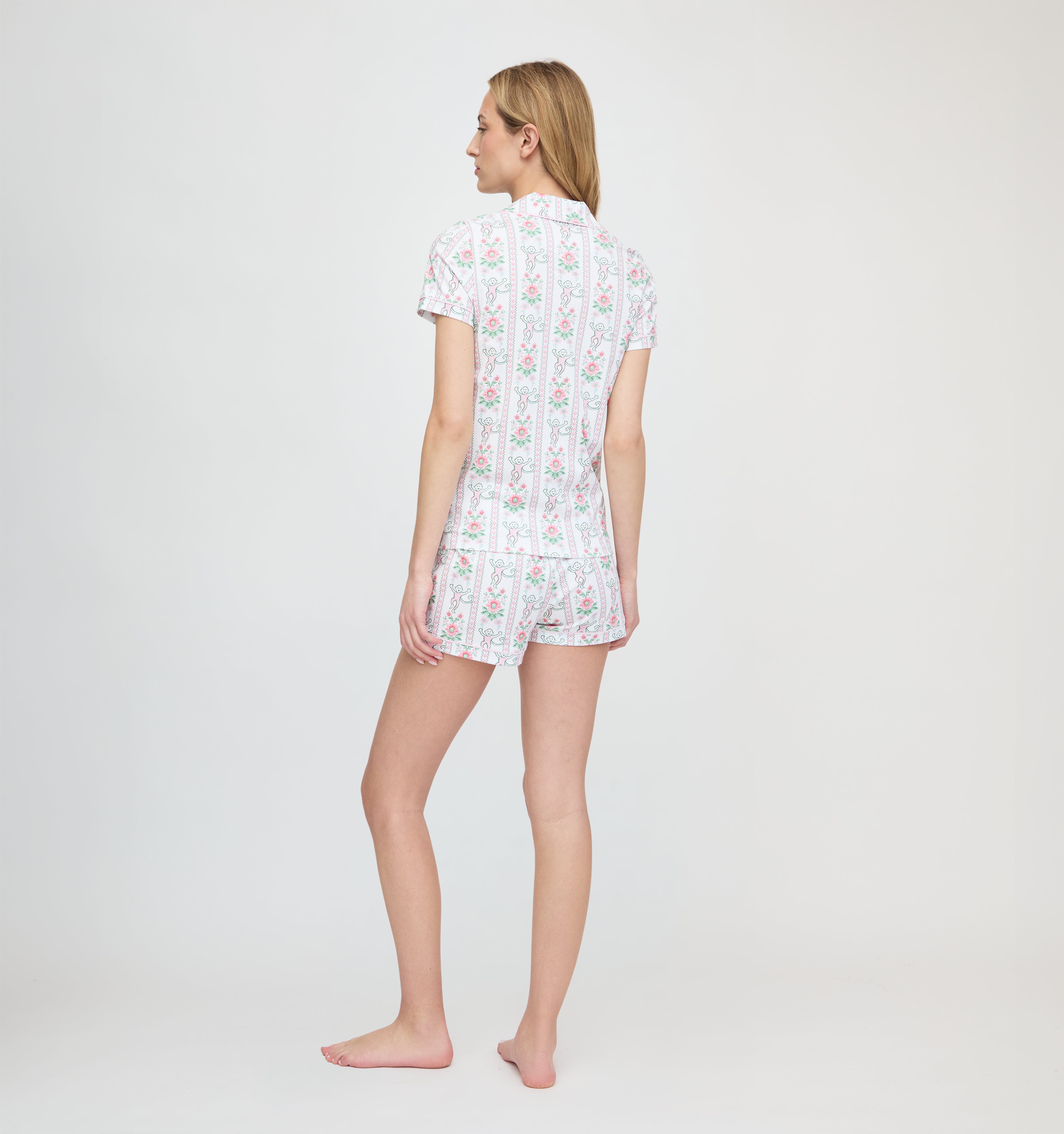 Roller Rabbit x Hill House Polo Pajamas - Pink Monkey Block Stripe