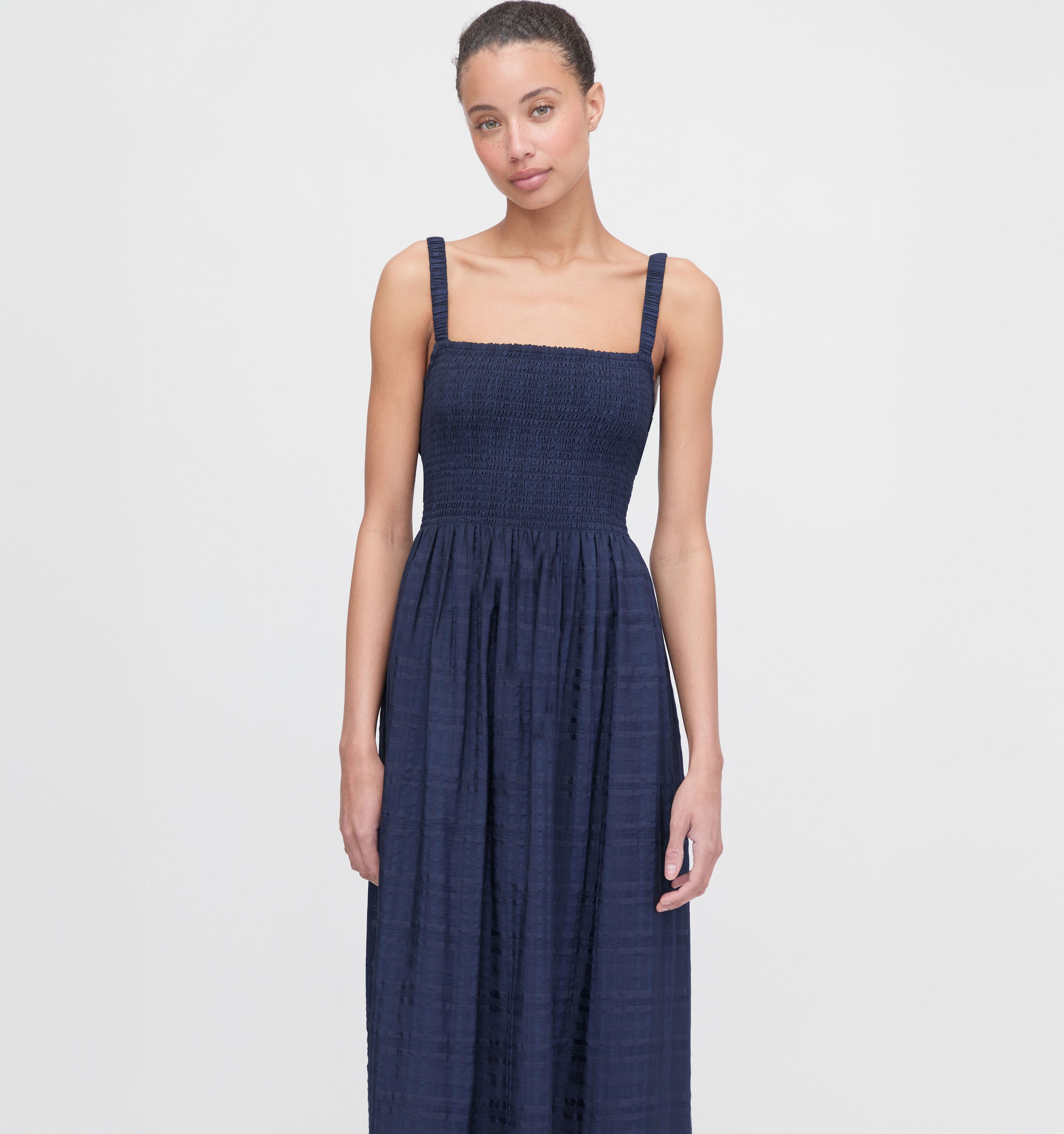 The Anita Nap Dress - Navy Sheer Plaid