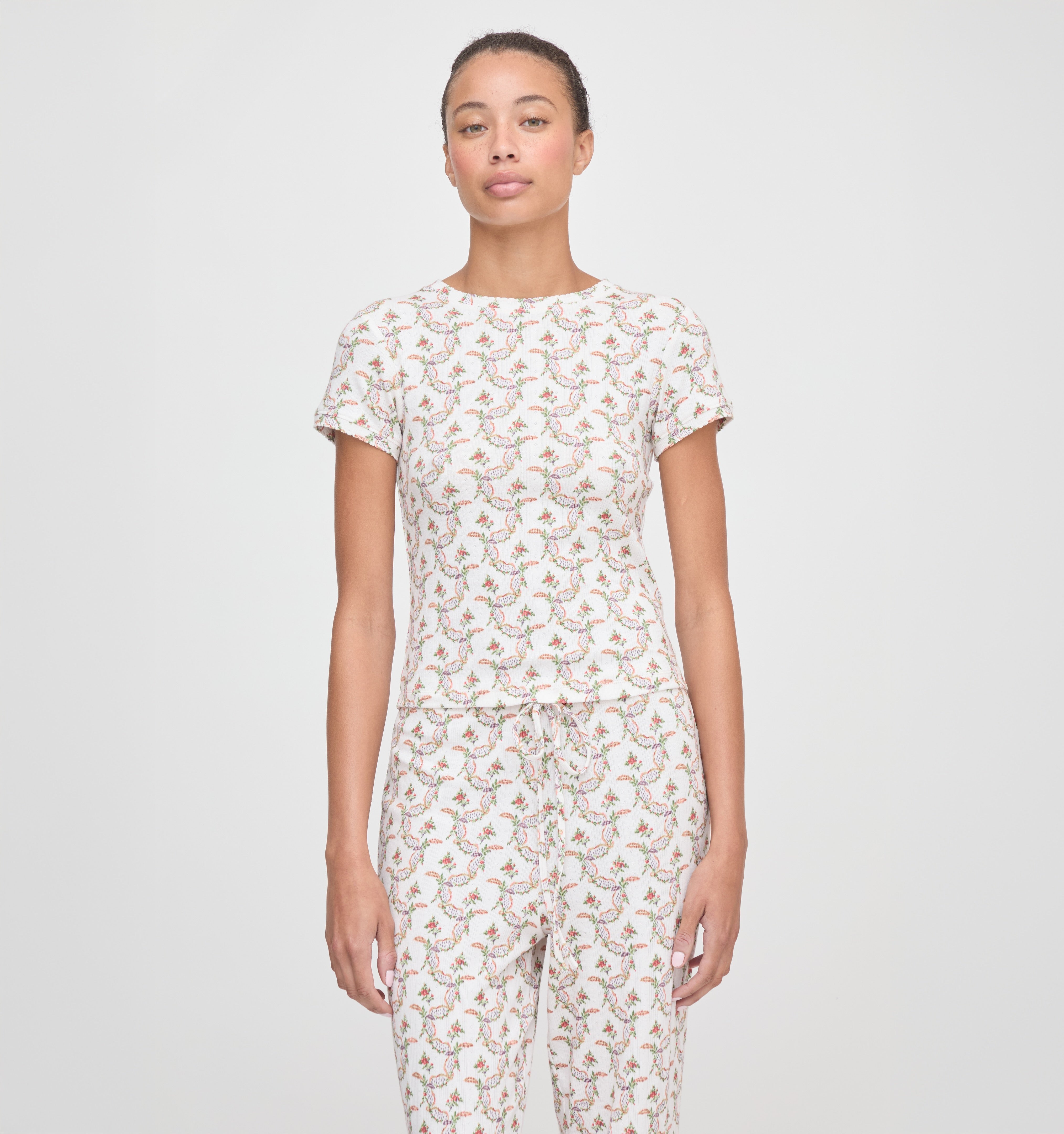 The Cleo Pointelle Set - Pink Ribbon Rose Ikat
