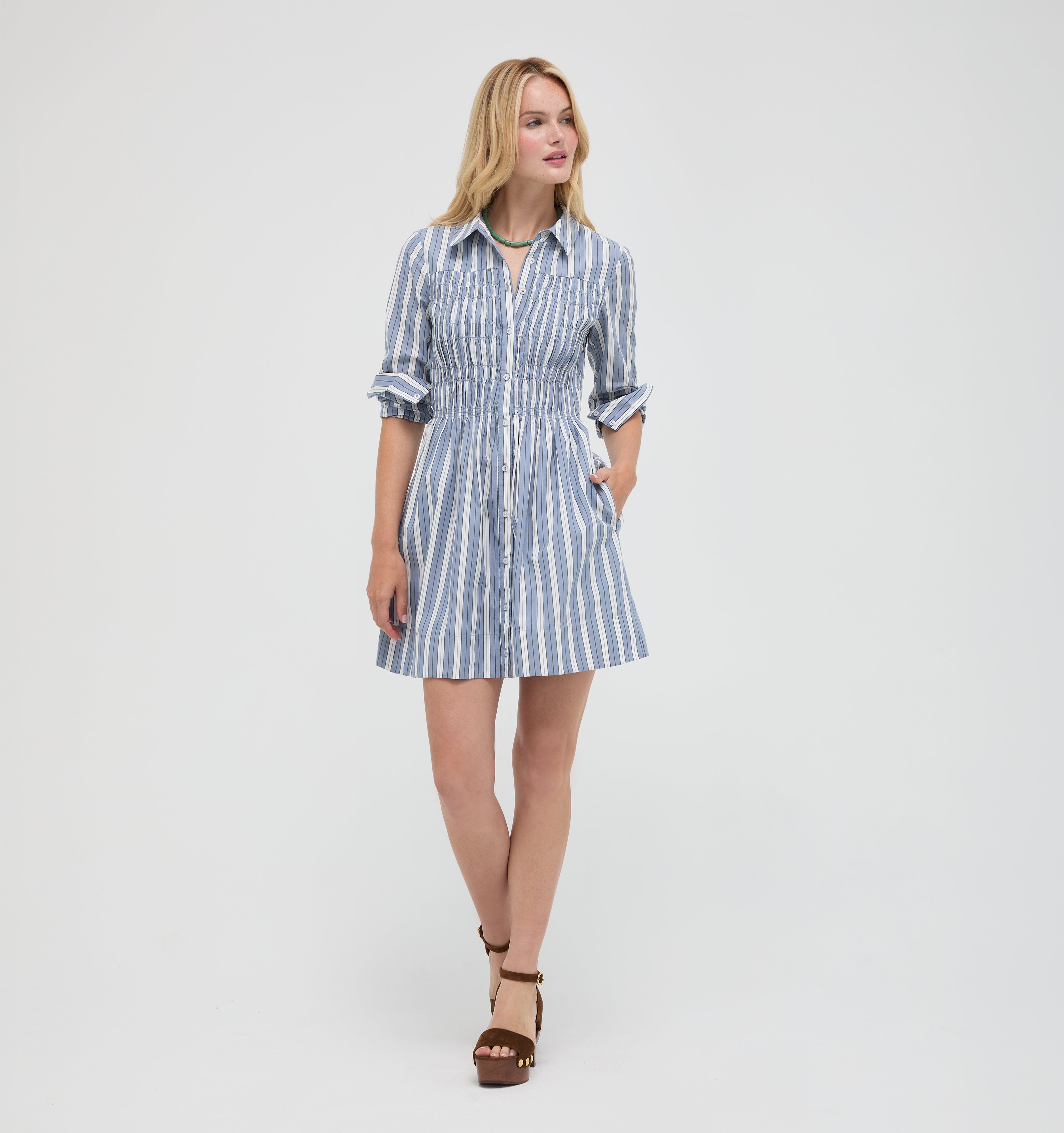 The Mira Dress - Coln Ticking Stripe Dusty Blue