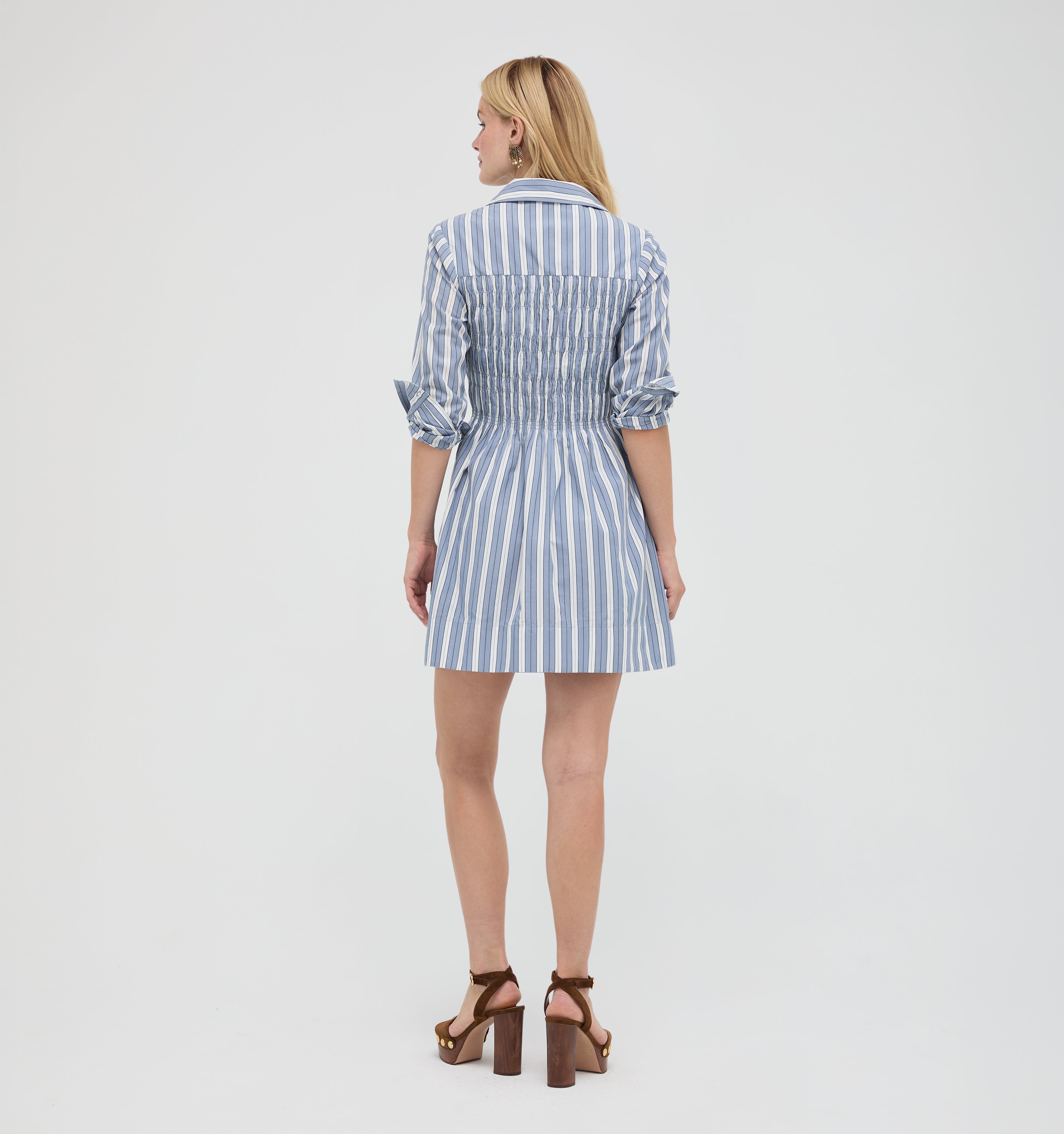 The Mira Dress - Coln Ticking Stripe Dusty Blue