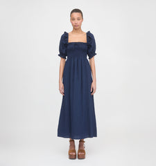 The Scarlett Midi Nap Dress - Navy Tonal Seersucker