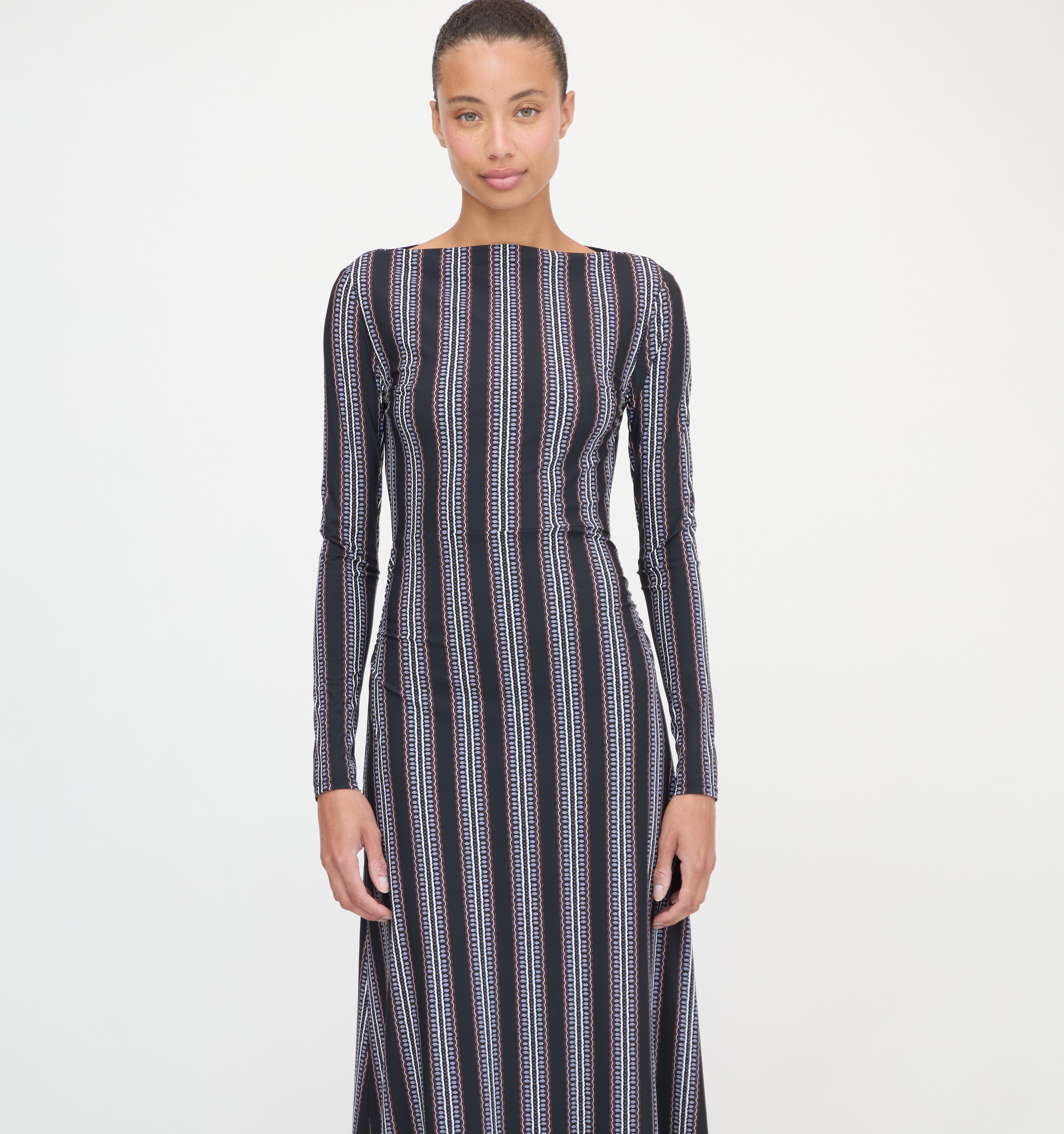 The Selene Dress - Black Cobalt Medallion Stripe
