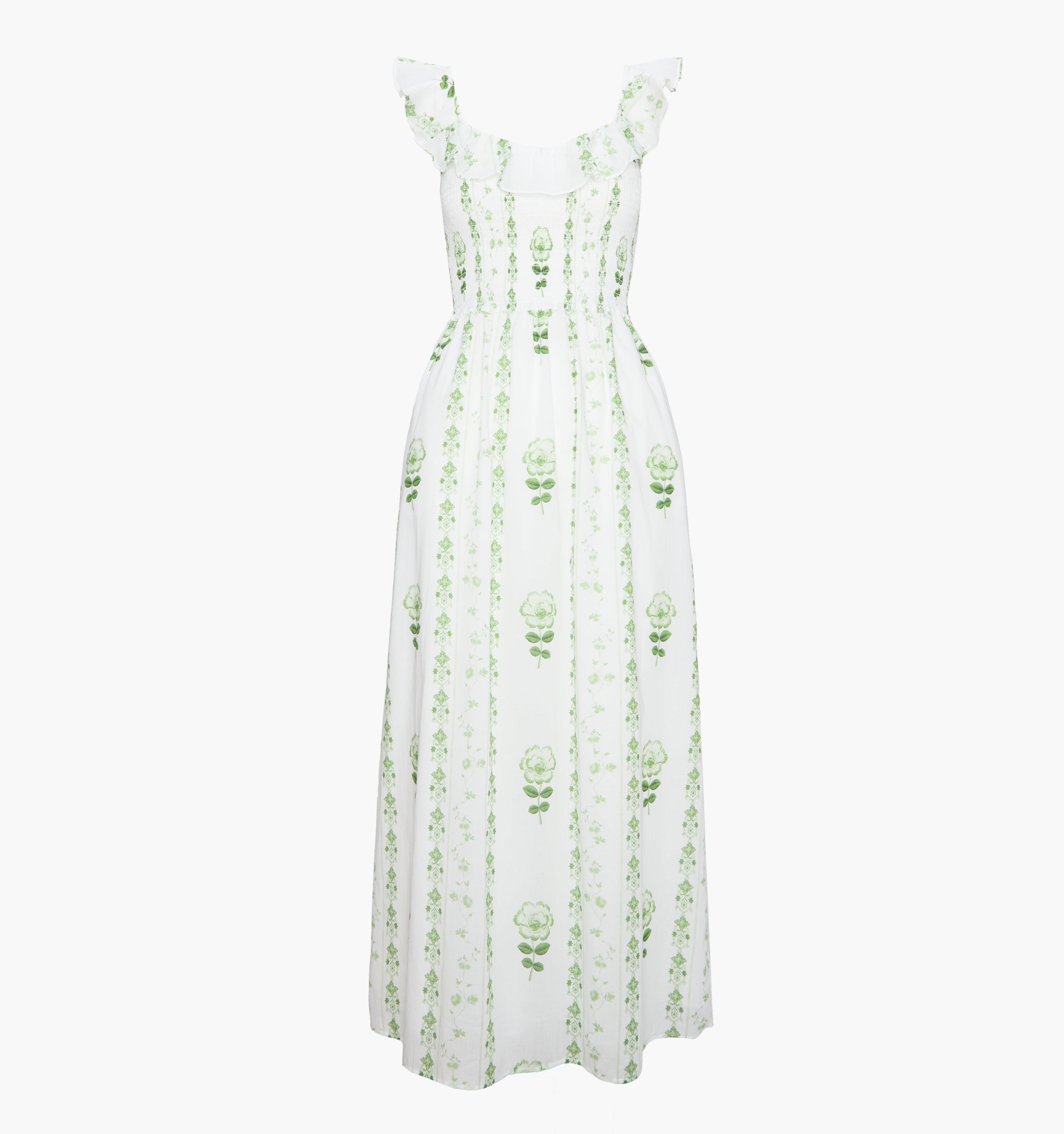 The Cambria Nap Dress - White/Green Arcadia Border