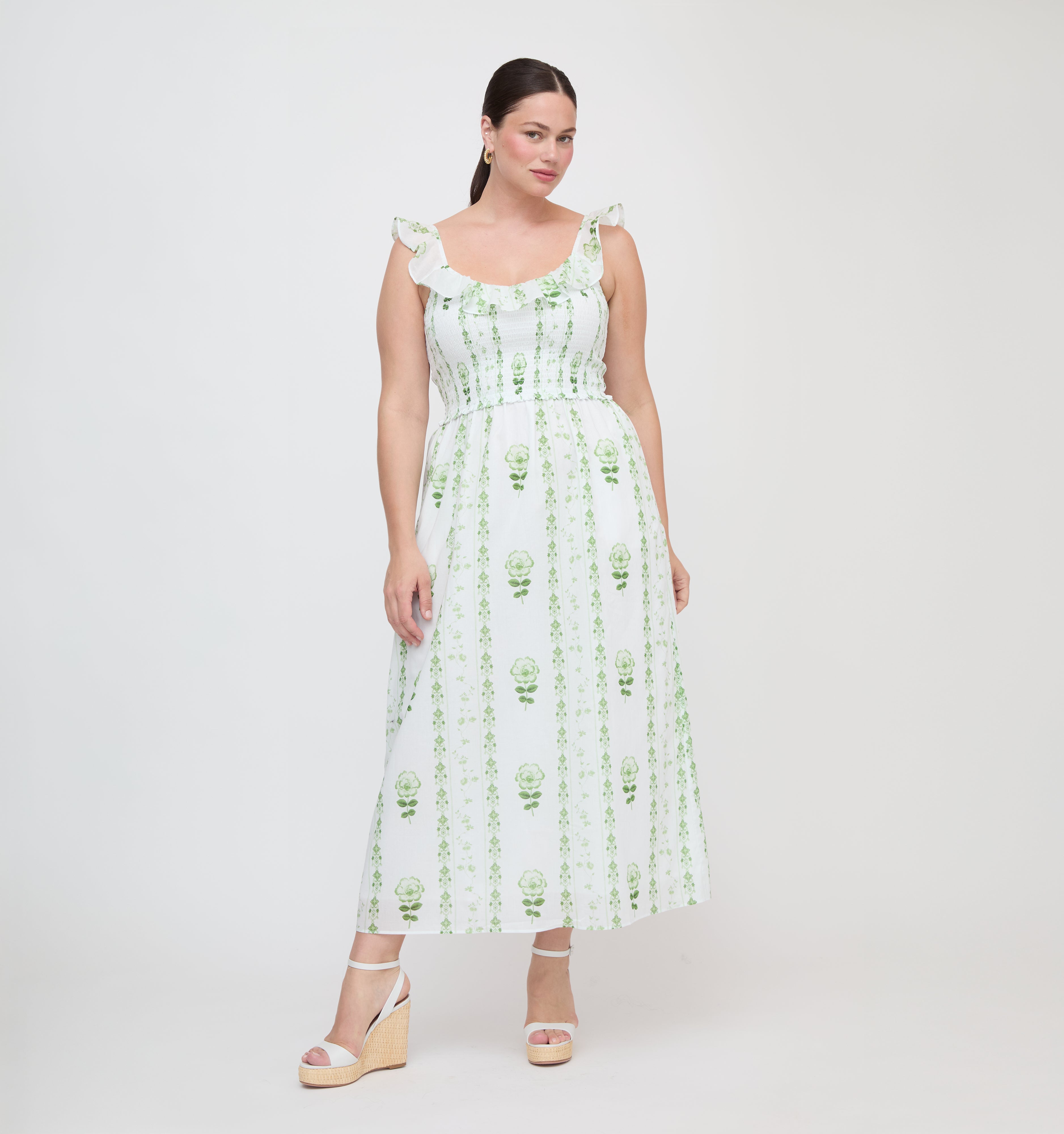 The Cambria Nap Dress - White/Green Arcadia Border