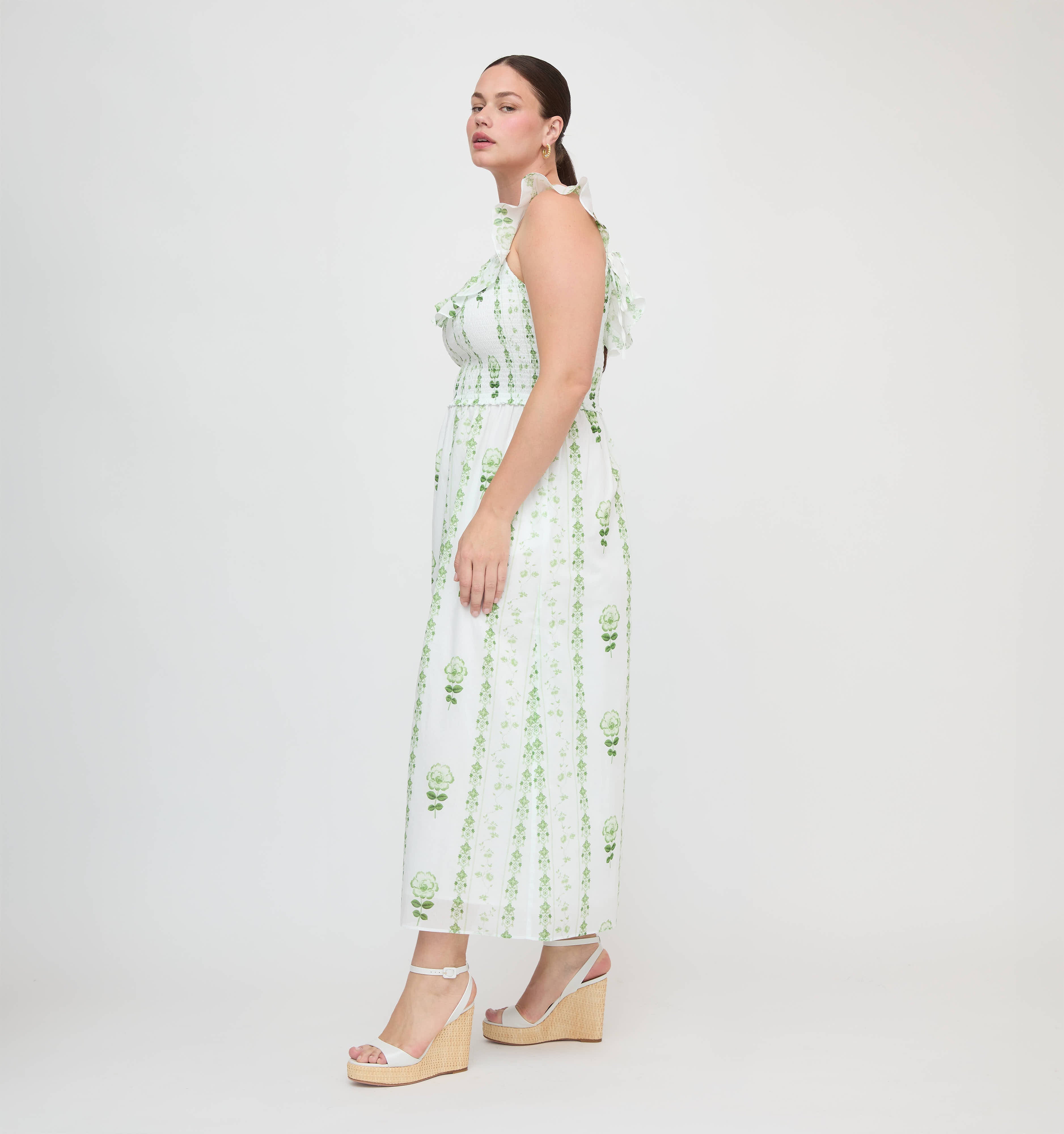 The Cambria Nap Dress - White/Green Arcadia Border
