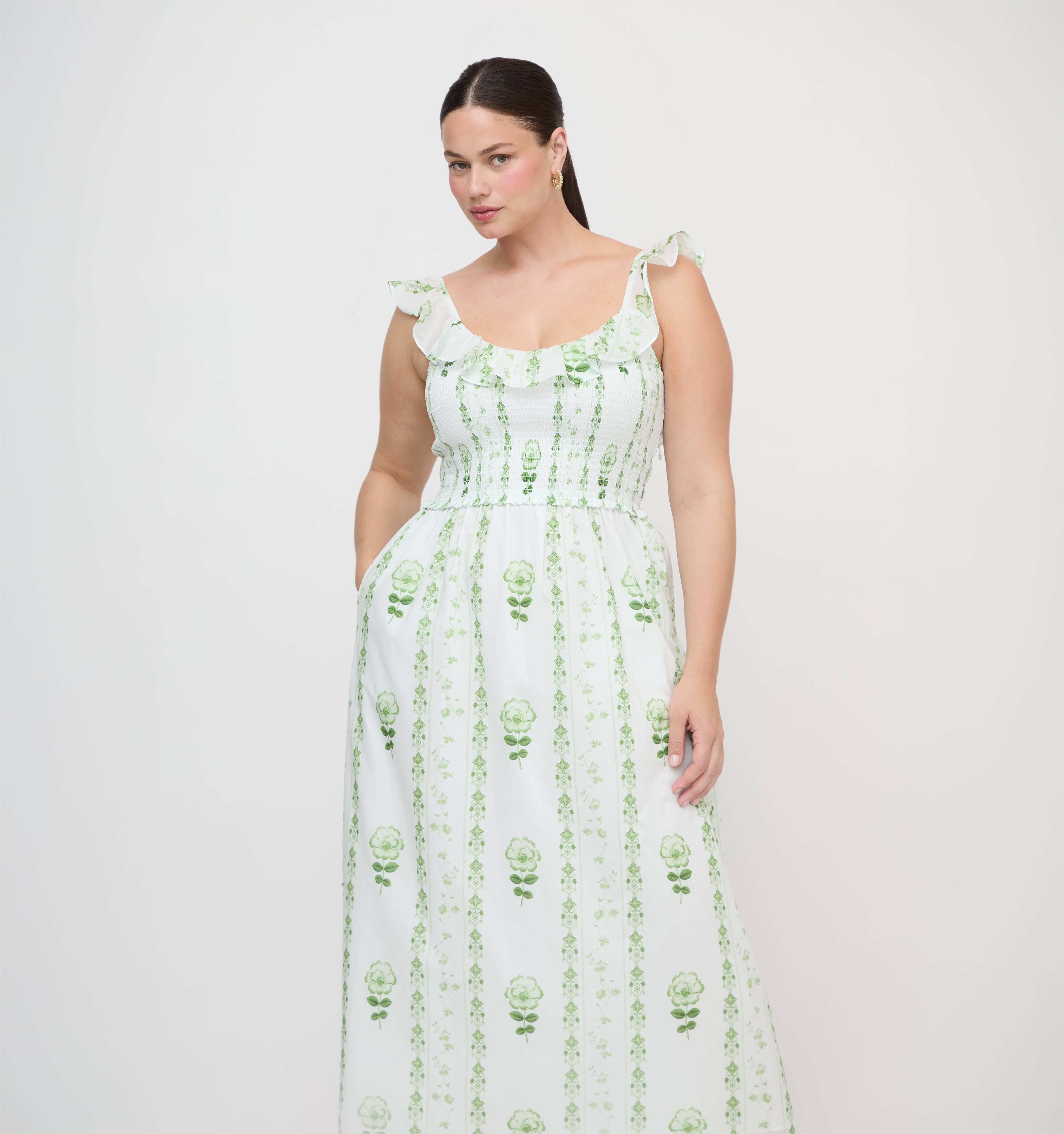 The Cambria Nap Dress - White/Green Arcadia Border