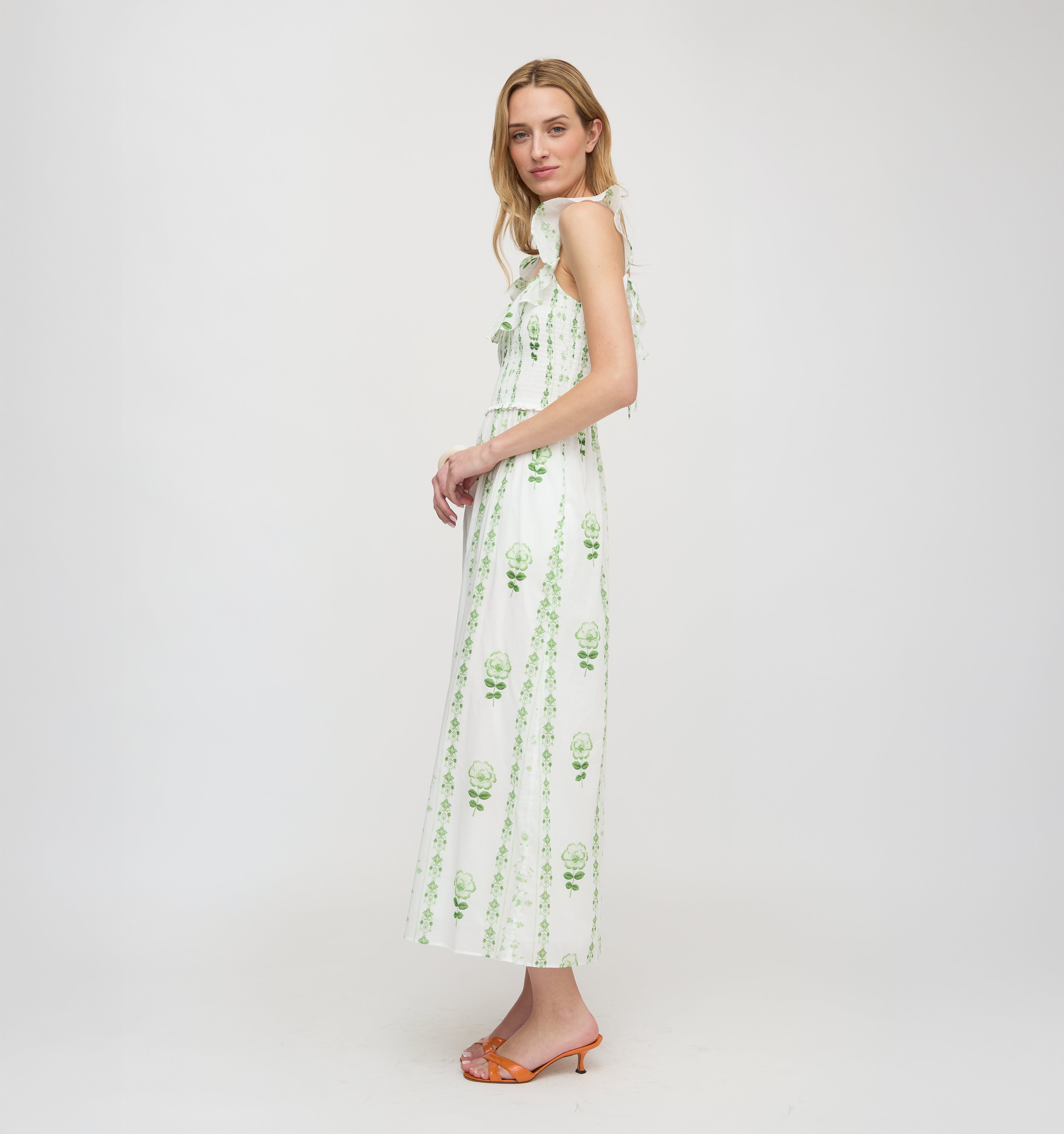 The Cambria Nap Dress - White/Green Arcadia Border