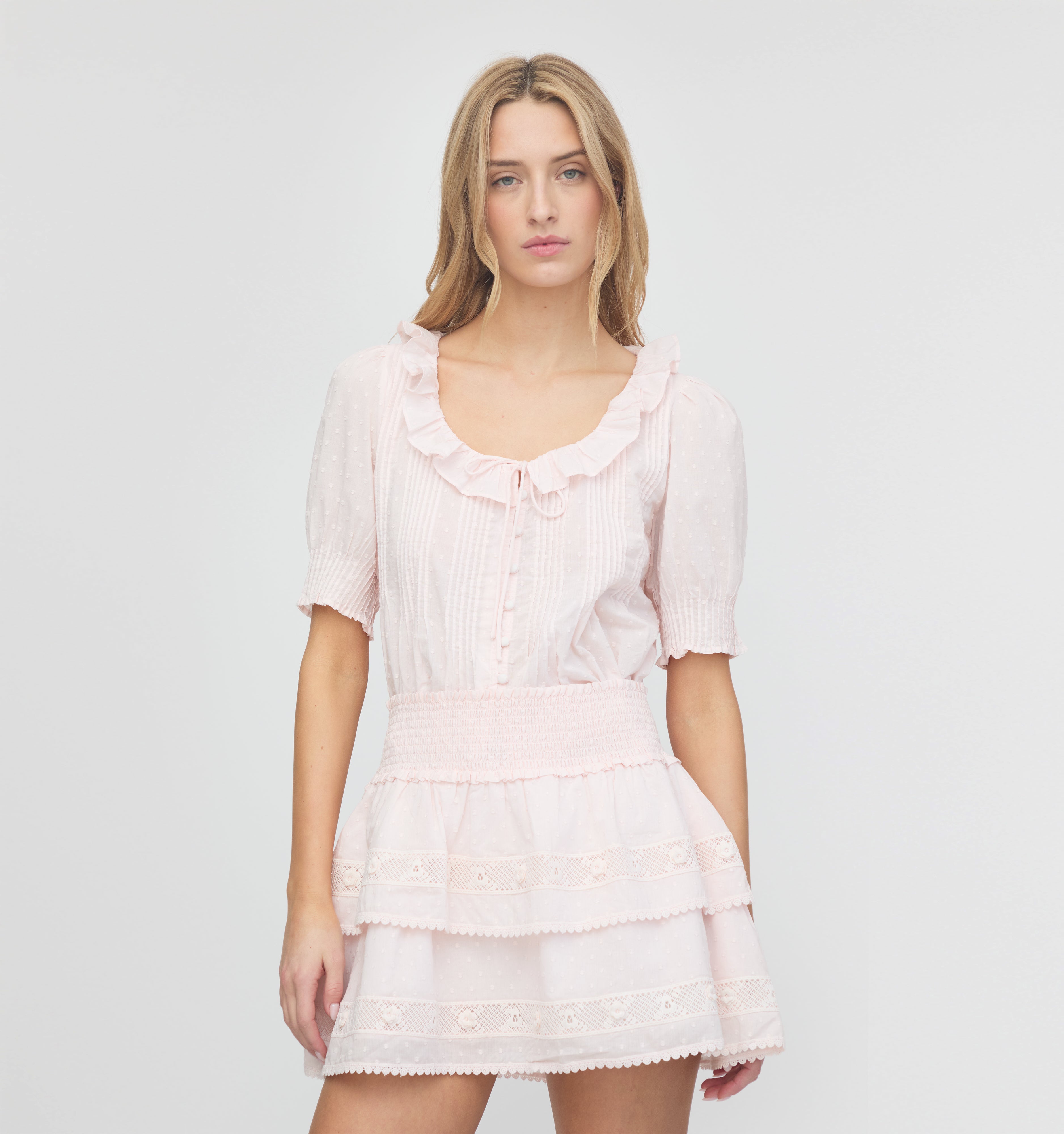 The Meena Skirt - Powder Pink Swiss Dot