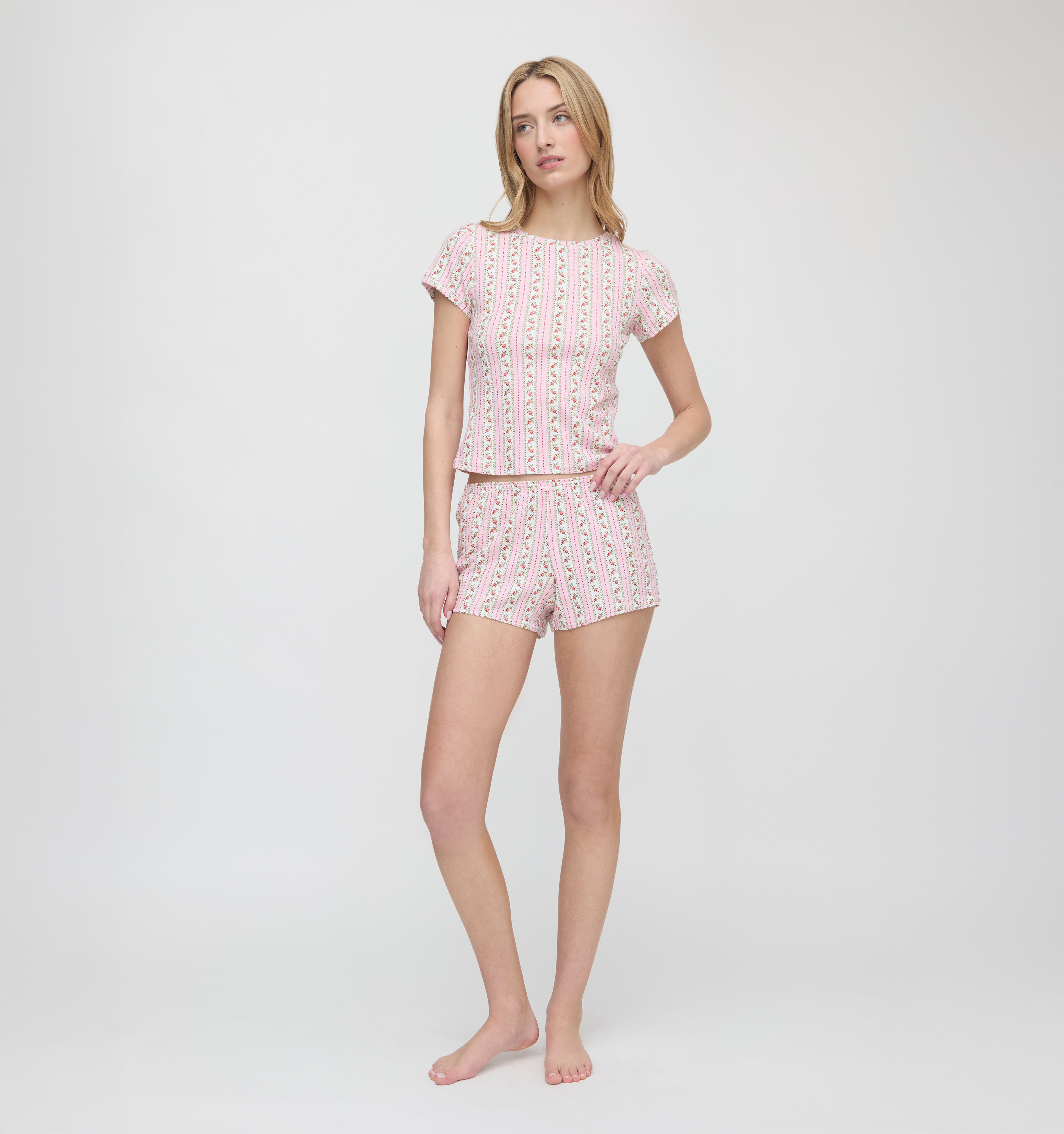 The Coco Pointelle PJ Set - Pink Floral Dot Stripe
