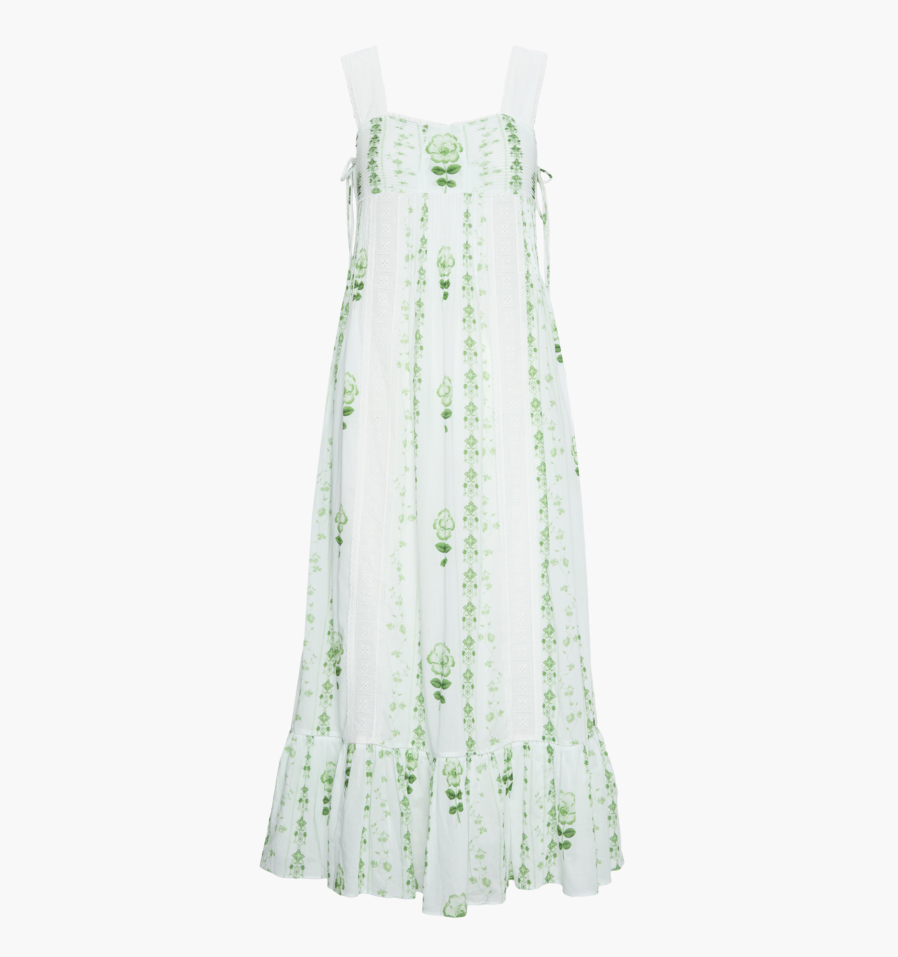 The Lux Nightgown - White/Green Arcadia Border