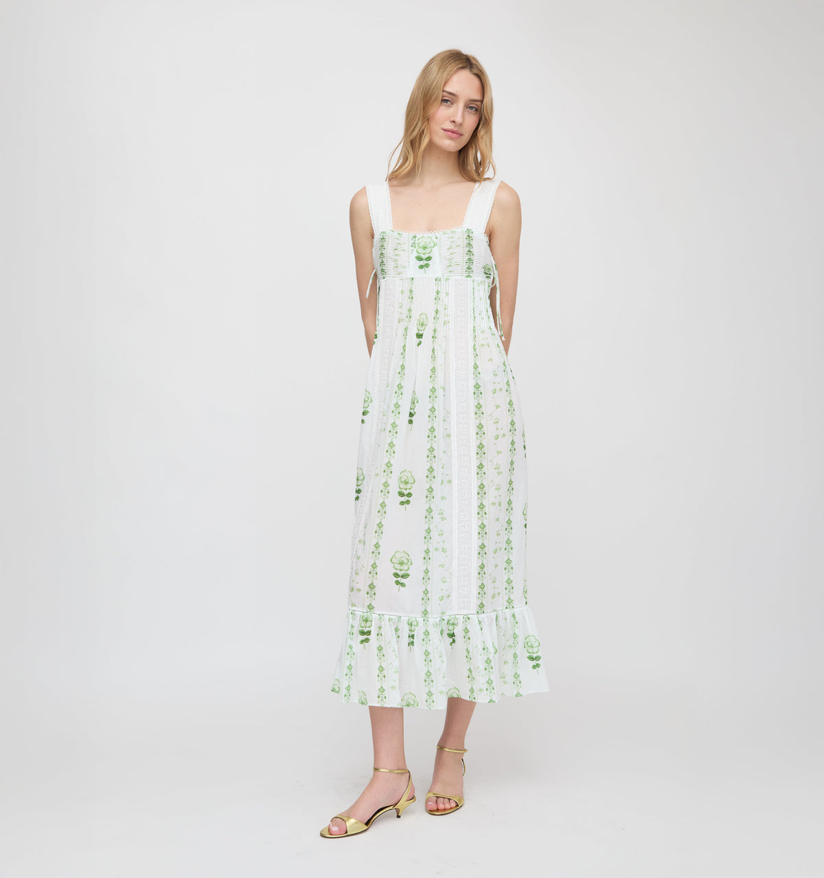 The Lux Nightgown - White/Green Arcadia Border