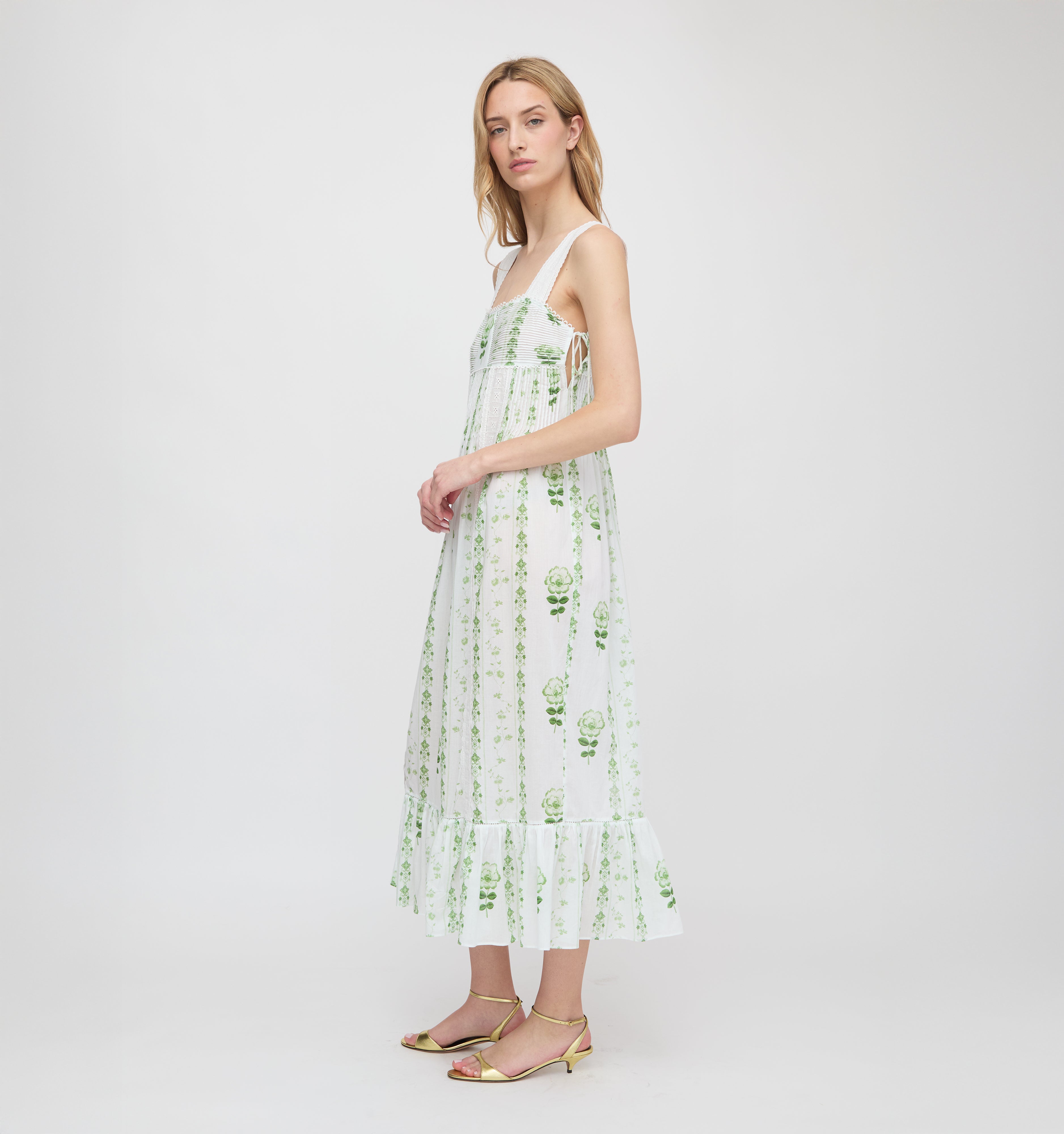 The Lux Nightgown - White/Green Arcadia Border