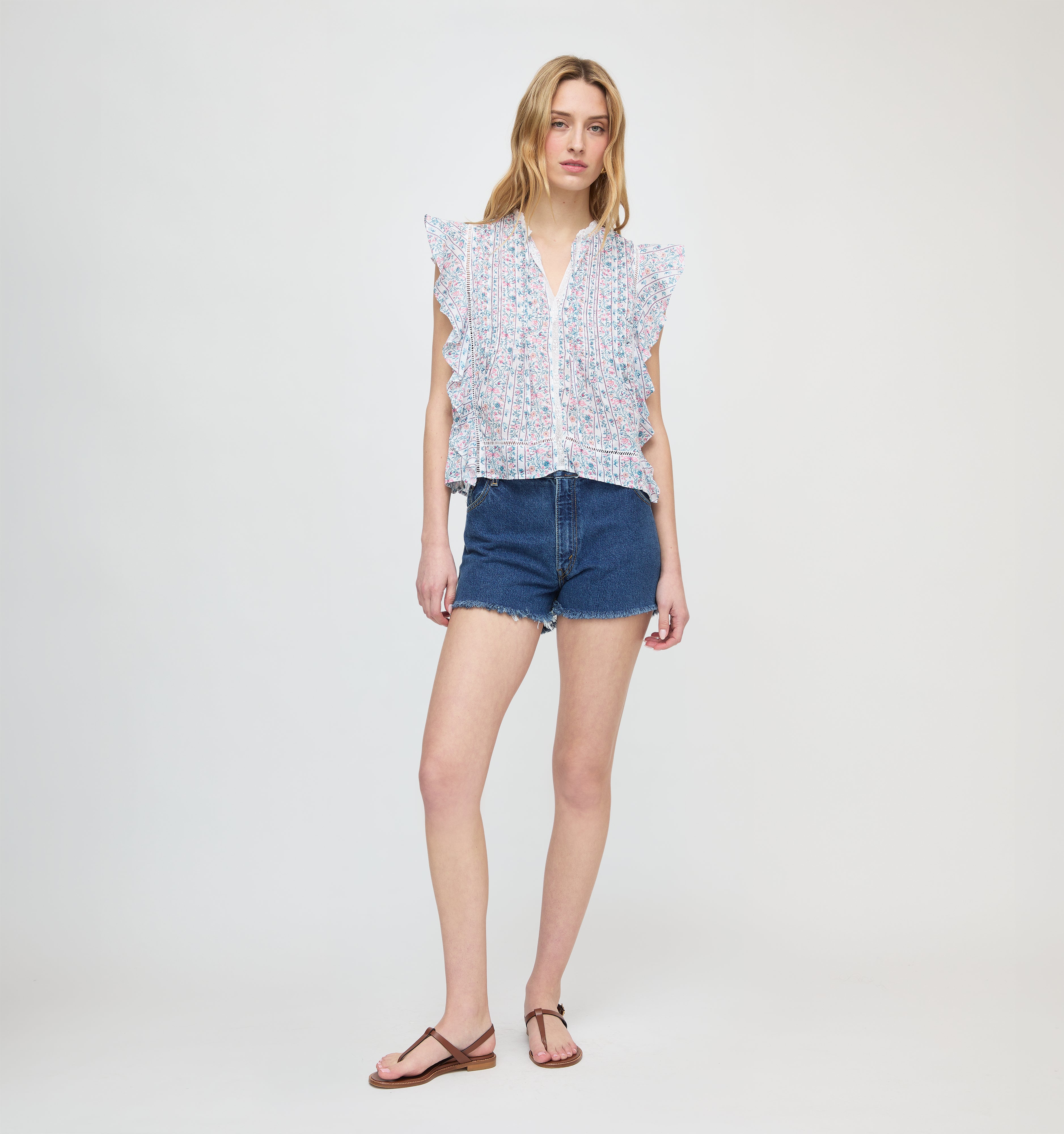 The Ramona Top - White Etched Floral Stripe
