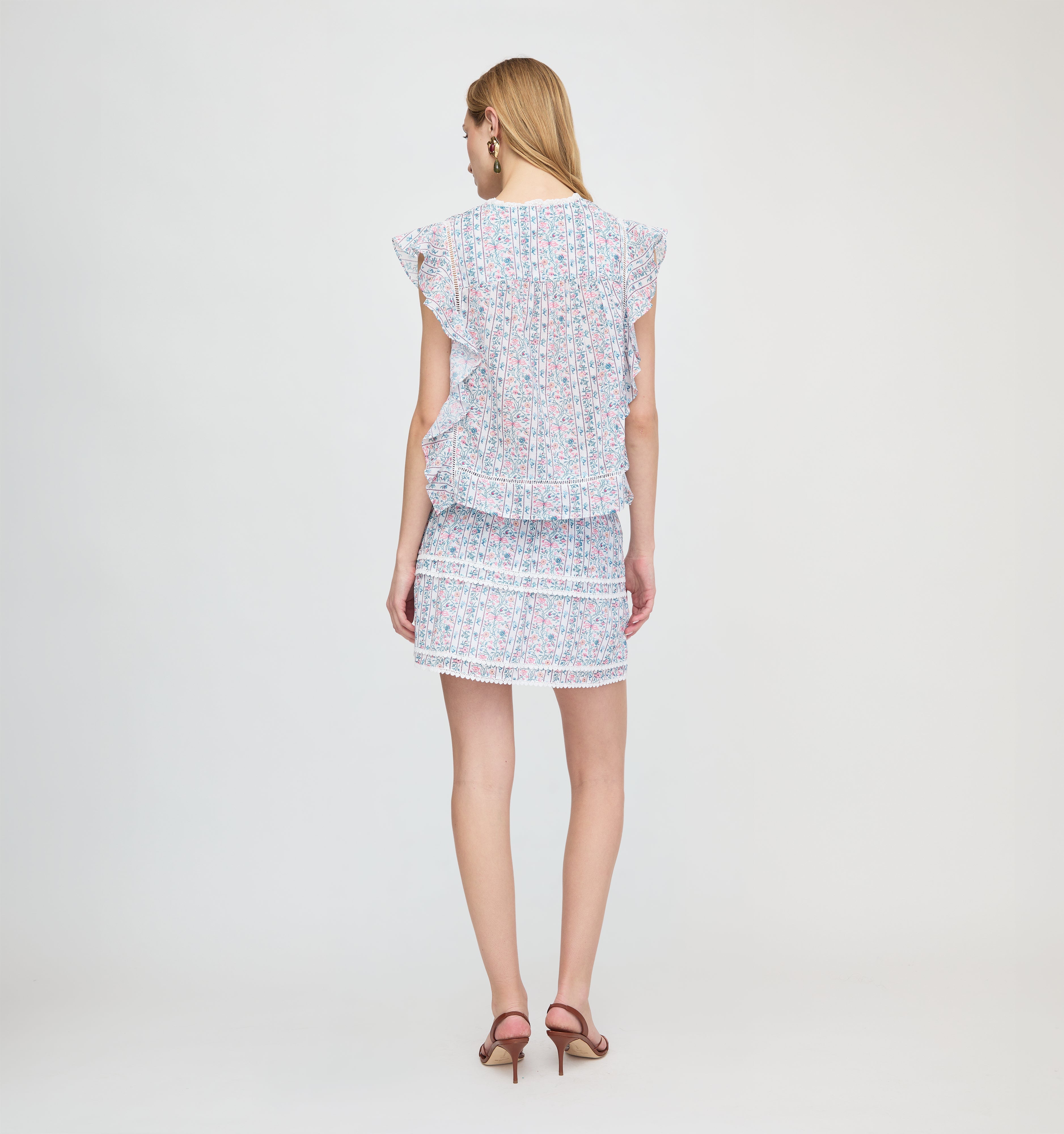 The Meena Skirt - White Etched Floral Stripe