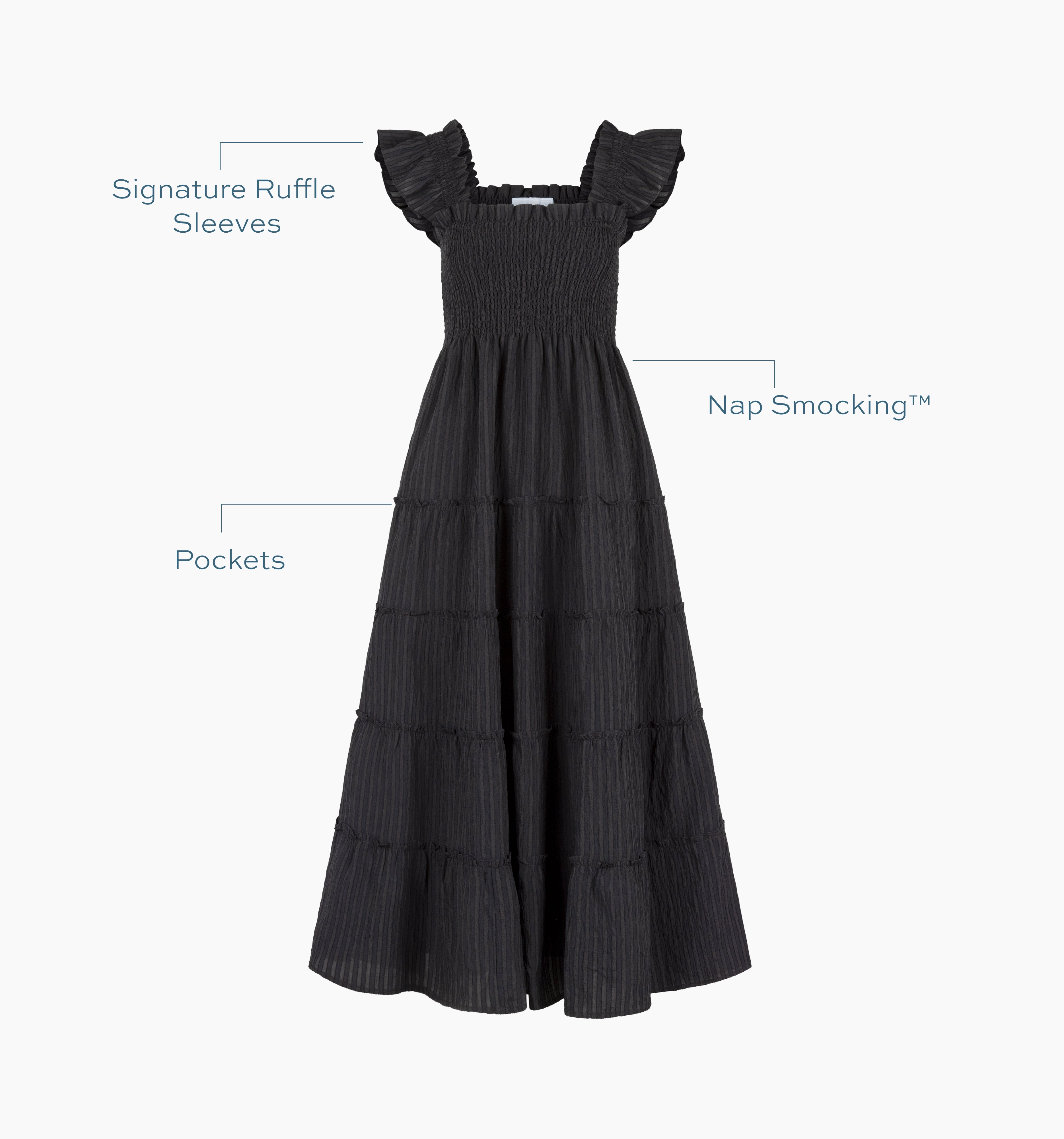 The Ellie Maxi Nap Dress - Black Tonal Seersucker