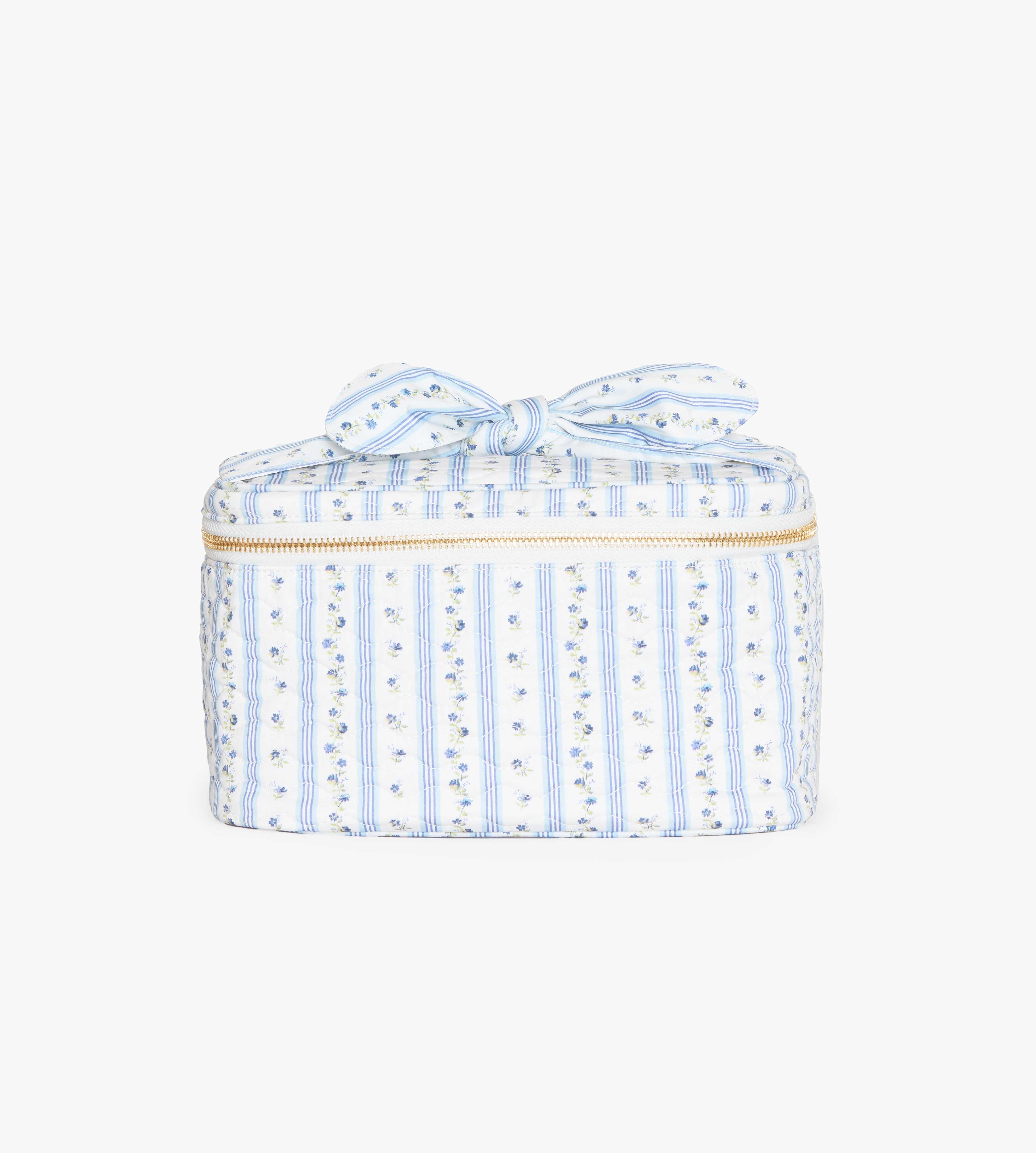The Bow Top Quilted Cosmetic Bag - Blue Petal Stripe
