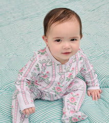 Roller Rabbit x Hill House Infant Zipper Footie - Pink Monkey Block Stripe