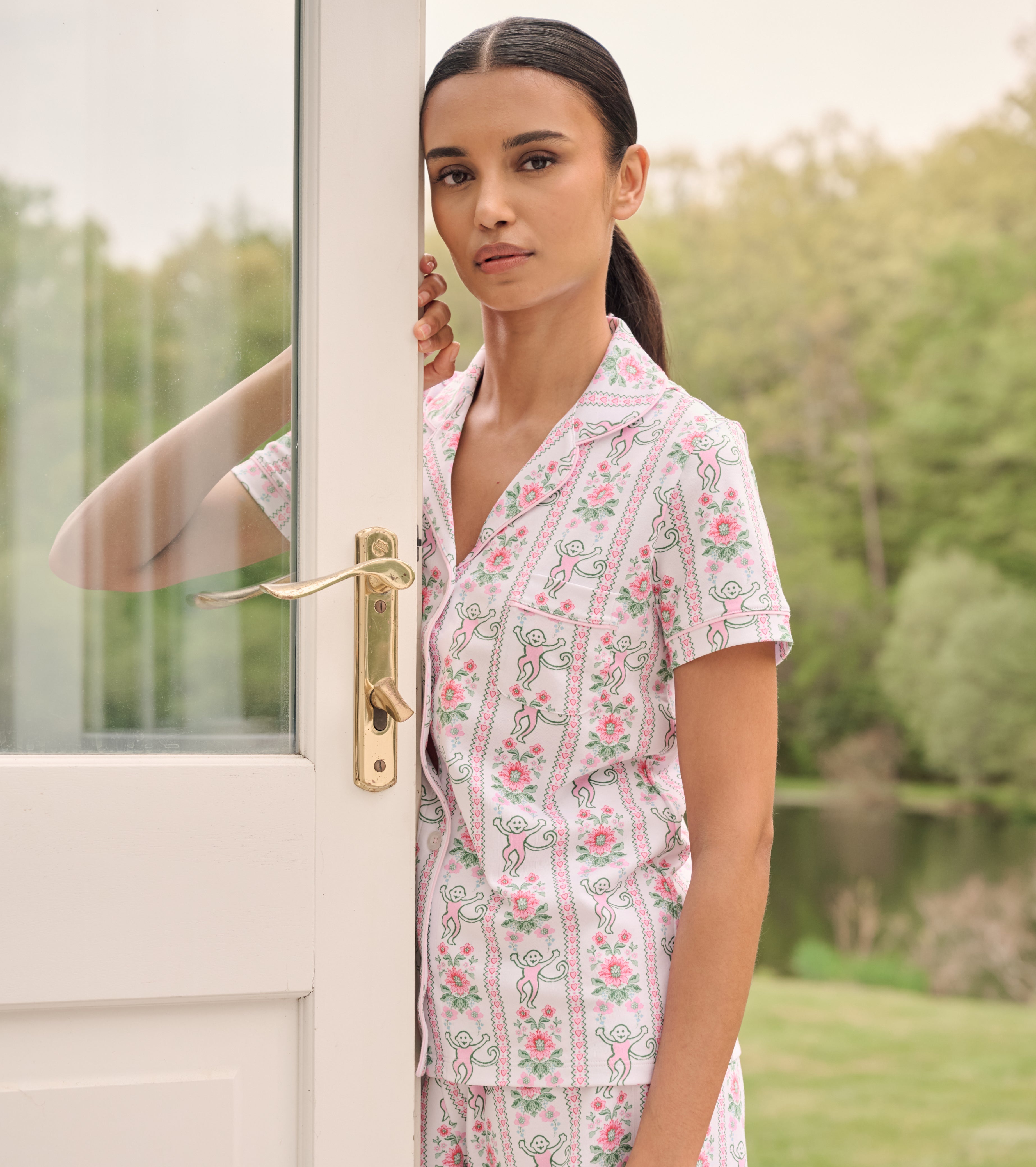 Roller Rabbit x Hill House Polo Pajamas - Pink Monkey Block Stripe