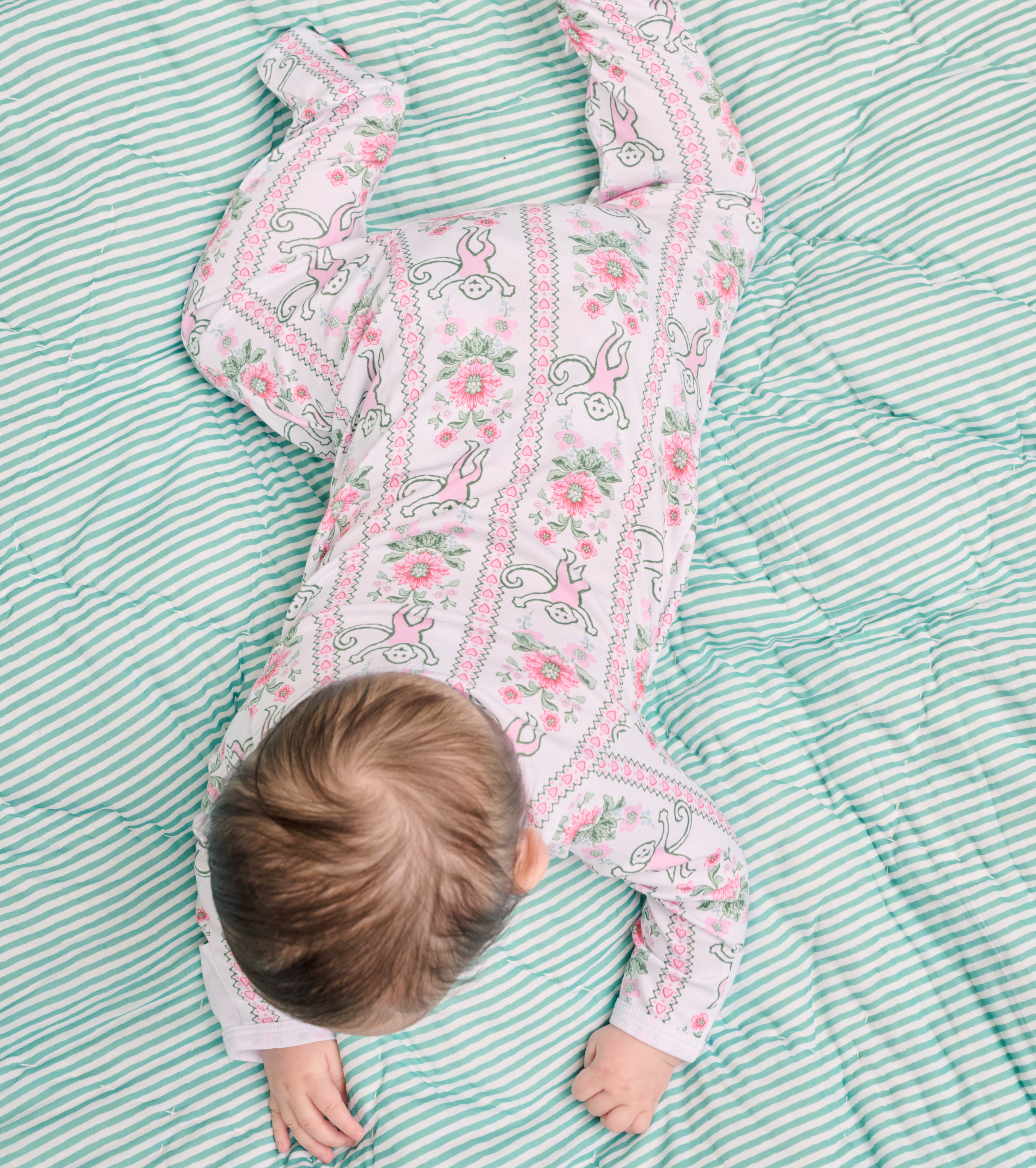 Roller Rabbit x Hill House Infant Zipper Footie - Pink Monkey Block Stripe