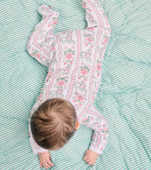 Roller Rabbit x Hill House Infant Zipper Footie - Pink Monkey Block Stripe