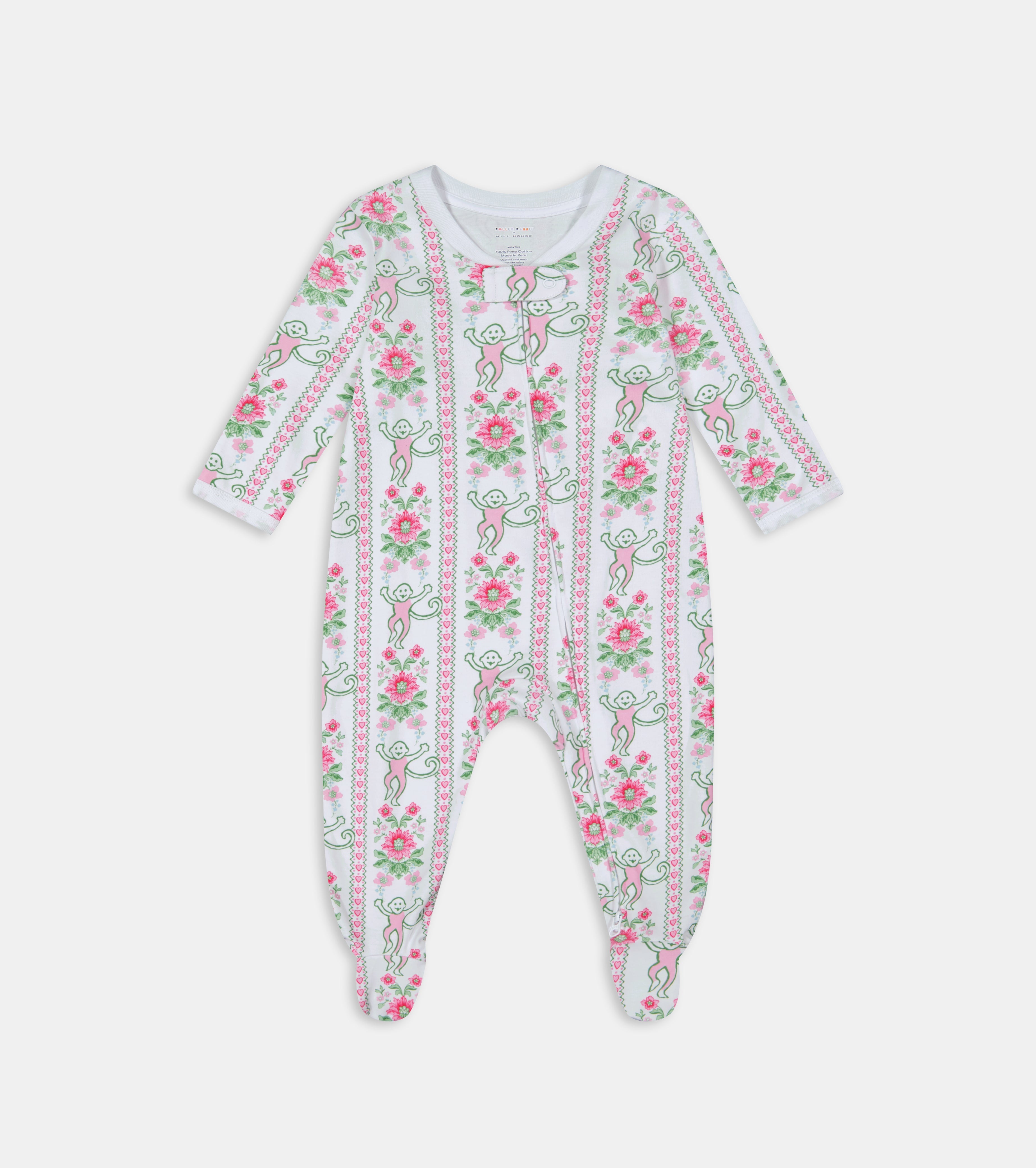 Roller Rabbit x Hill House Infant Zipper Footie - Pink Monkey Block Stripe