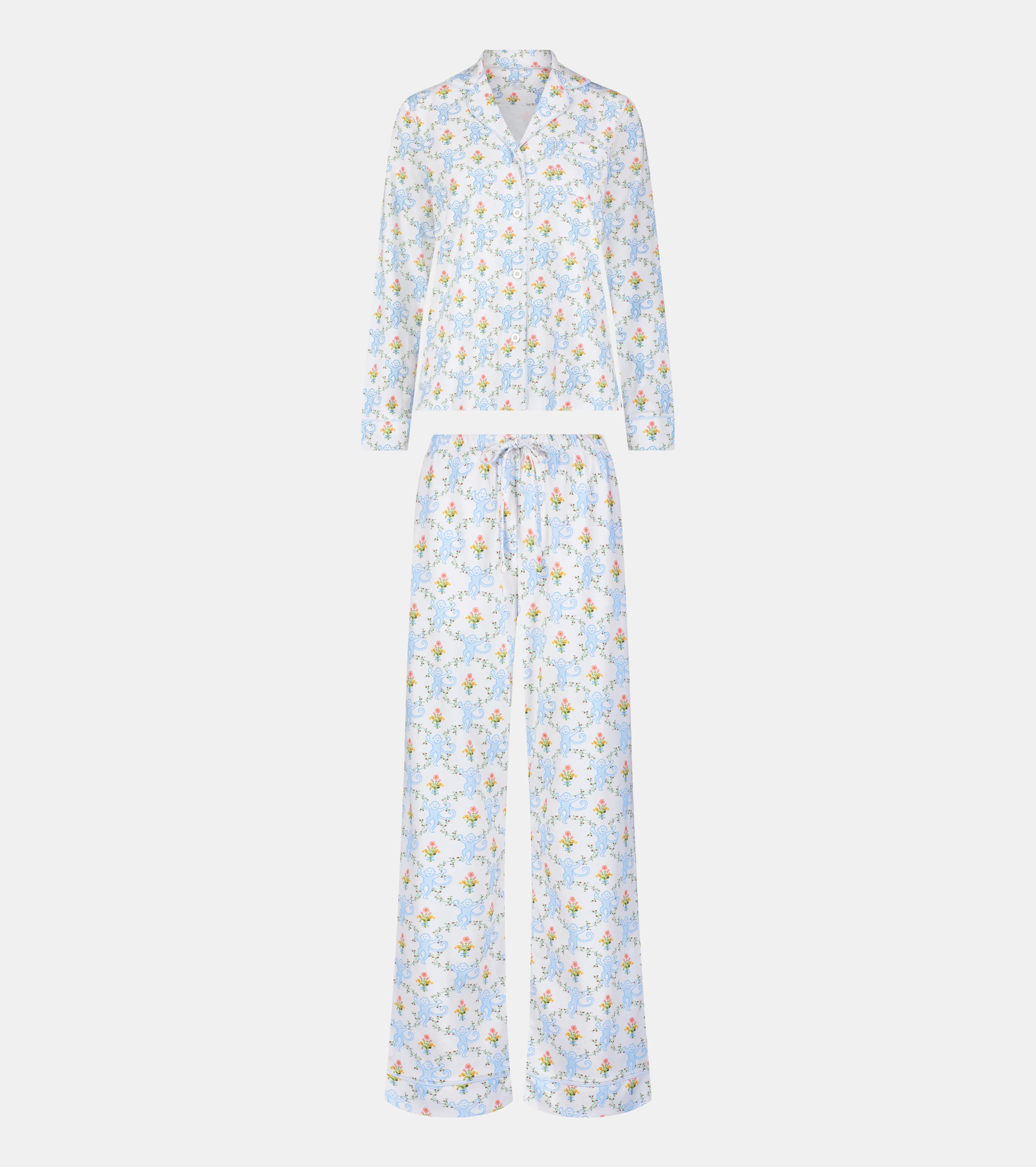 Roller Rabbit x Hill House Long Sleeve Polo Pajamas - Blue Floral Monkey Trellis
