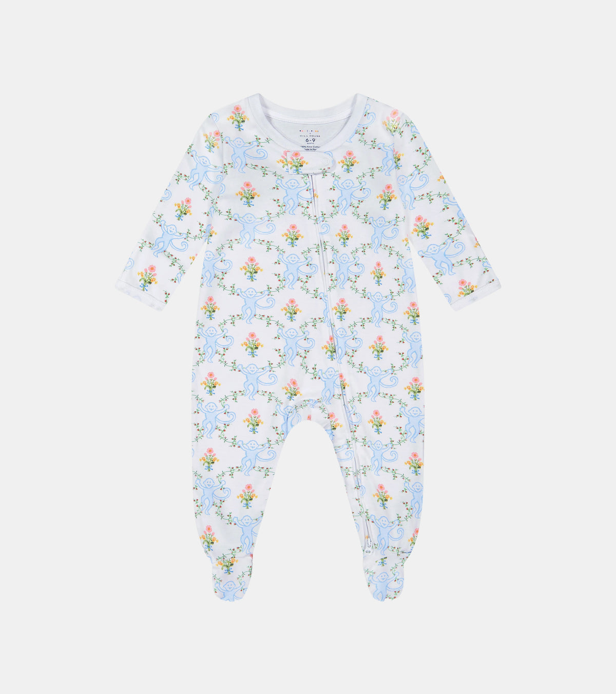 Roller Rabbit x Hill House Infant Zipper Footie - Blue Floral Monkey Trellis